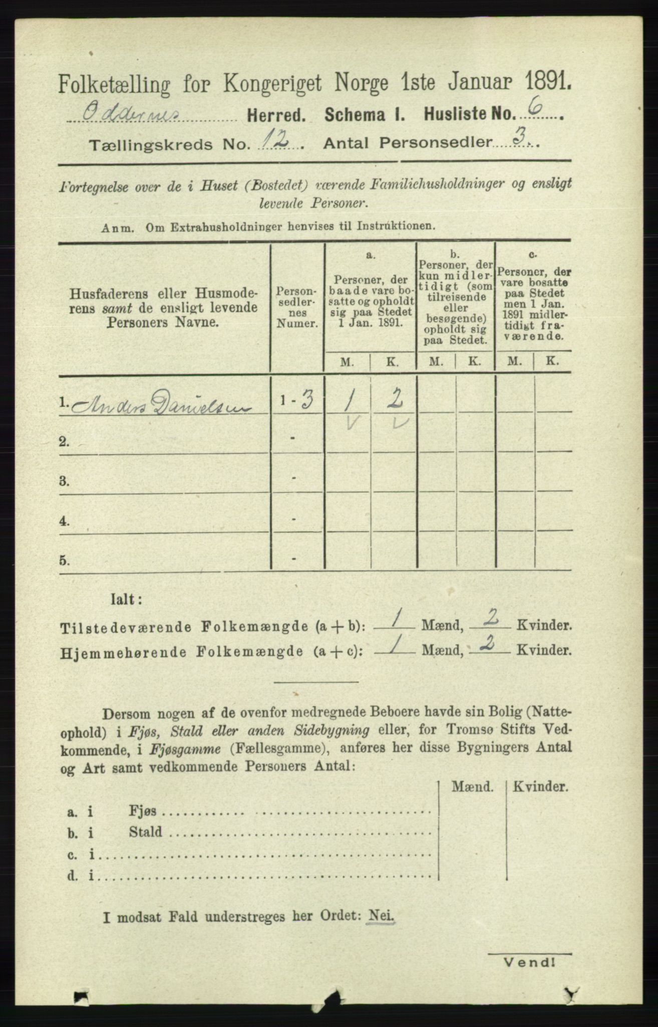 RA, 1891 census for 1012 Oddernes, 1891, p. 4316