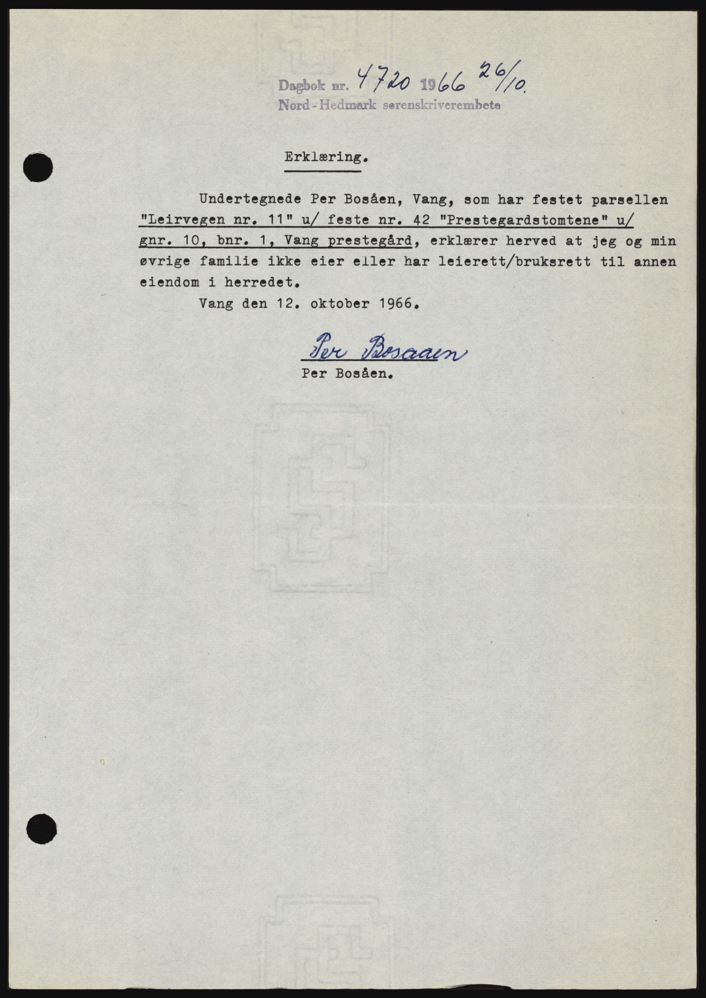 Nord-Hedmark sorenskriveri, SAH/TING-012/H/Hc/L0024: Mortgage book no. 24, 1966-1966, Diary no: : 4720/1966