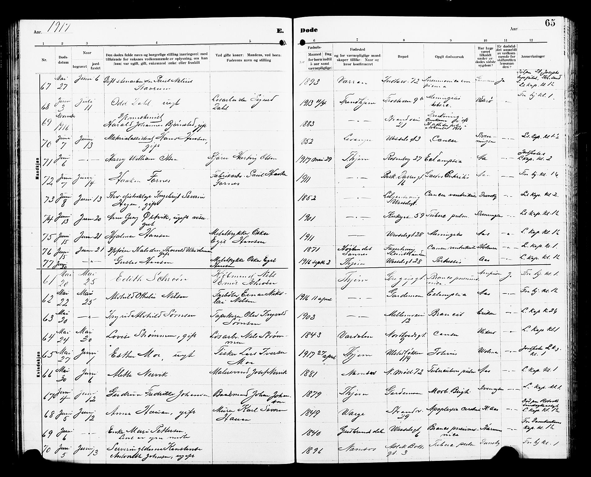 Ministerialprotokoller, klokkerbøker og fødselsregistre - Sør-Trøndelag, AV/SAT-A-1456/605/L0257: Parish register (copy) no. 605C04, 1916-1922, p. 65