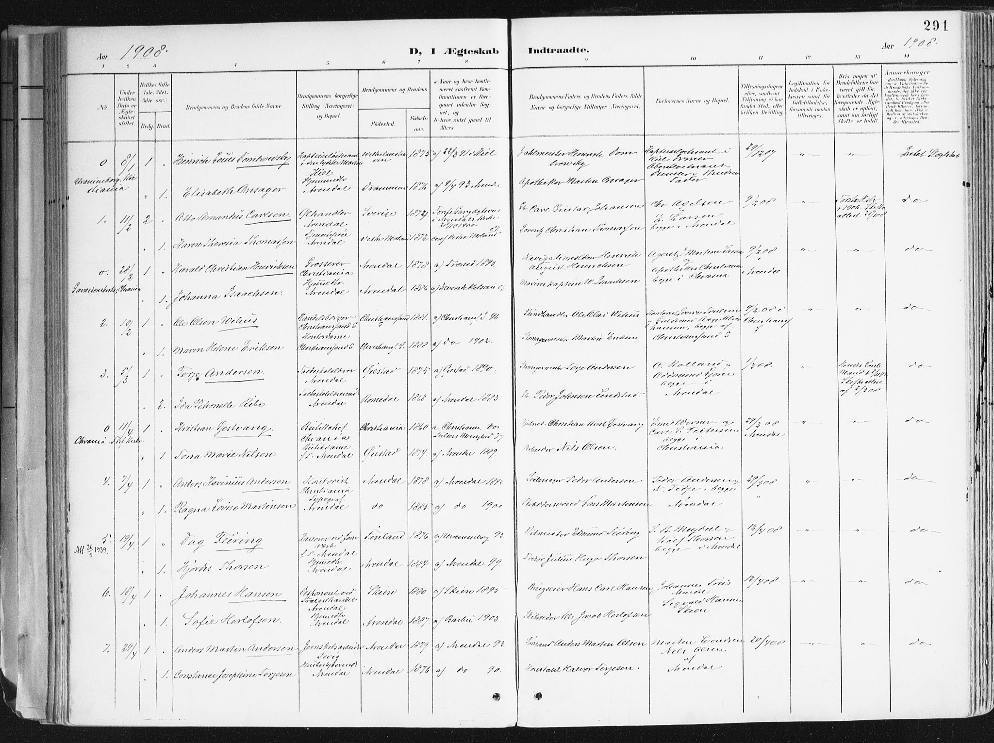 Arendal sokneprestkontor, Trefoldighet, SAK/1111-0040/F/Fa/L0010: Parish register (official) no. A 10, 1900-1919, p. 291