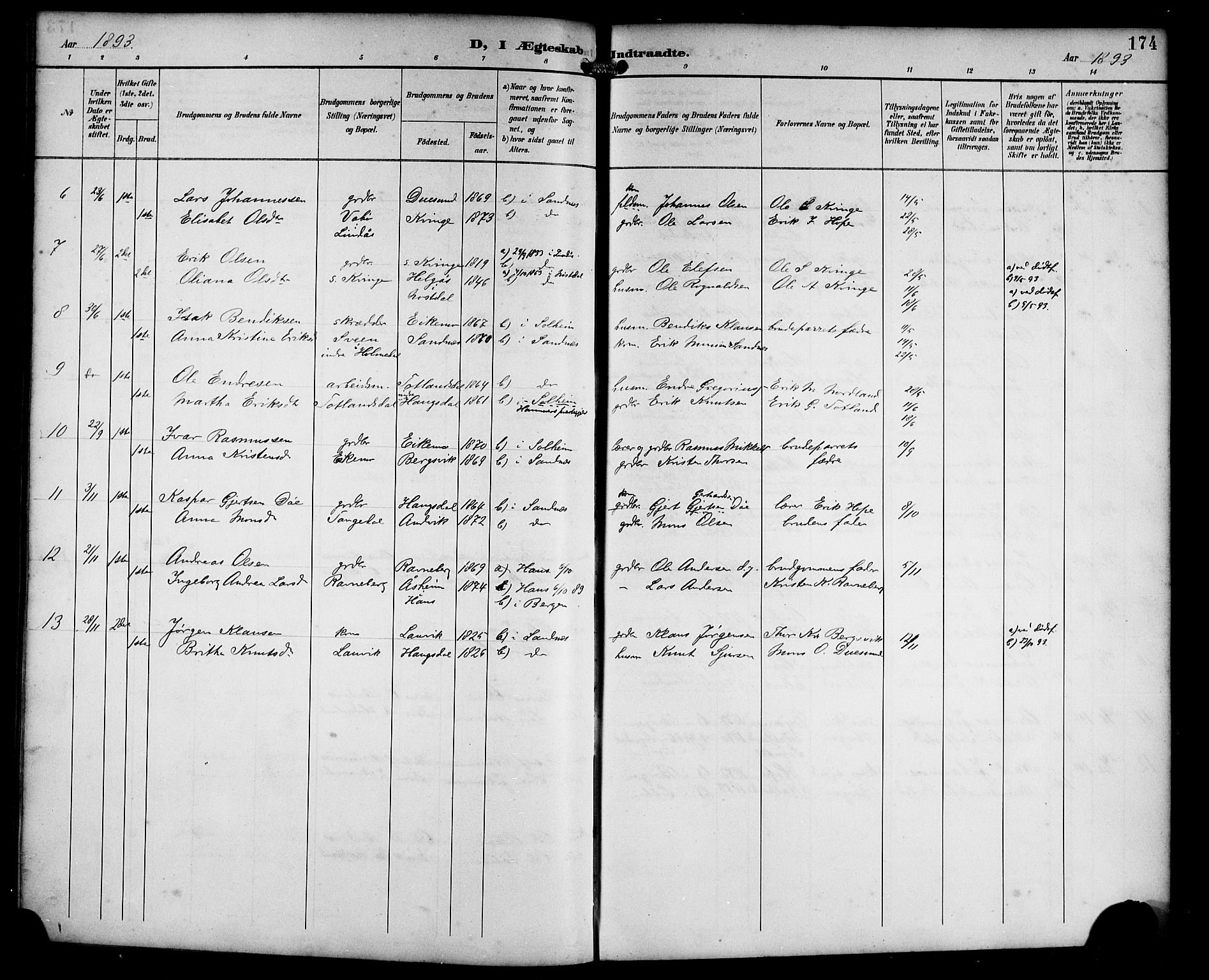Masfjorden Sokneprestembete, SAB/A-77001: Parish register (copy) no. B 1, 1892-1913, p. 174