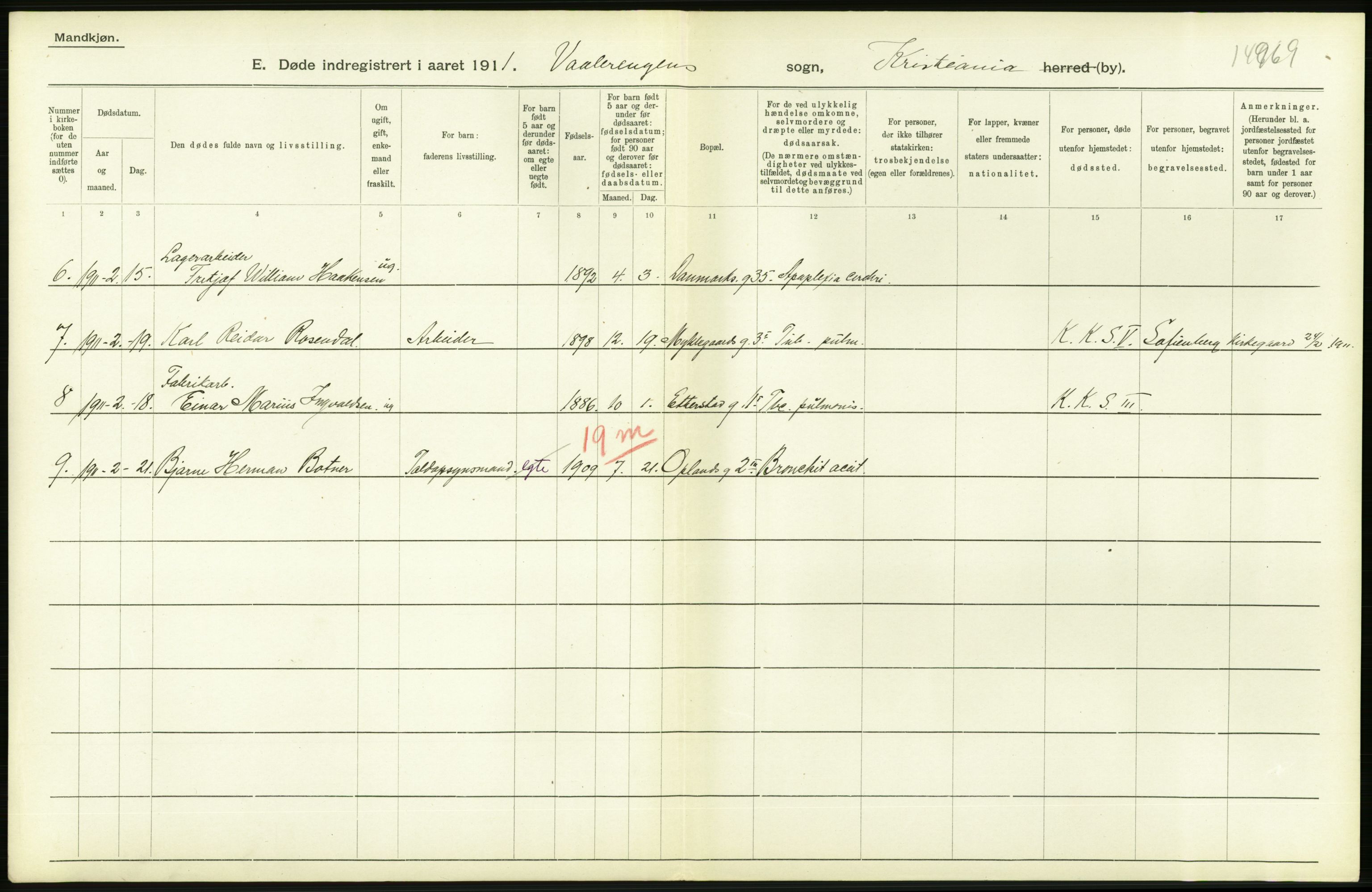 Statistisk sentralbyrå, Sosiodemografiske emner, Befolkning, AV/RA-S-2228/D/Df/Dfb/Dfba/L0009: Kristiania: Døde menn, 1911, p. 486