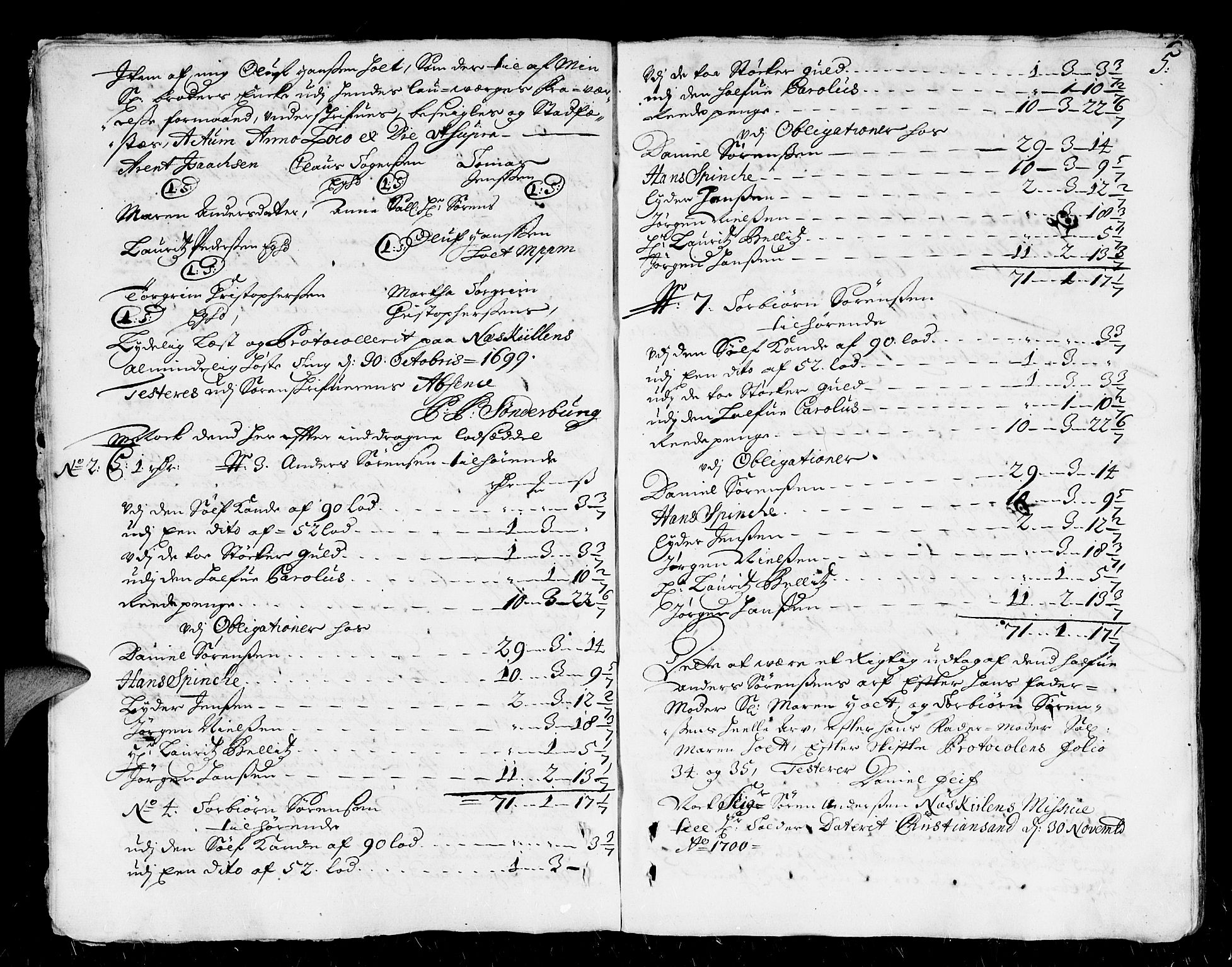 Nedenes sorenskriveri før 1824, SAK/1221-0007/H/Hc/L0003: Skifteprotokoll med register nr 3, 1700-1708, p. 4b-5a