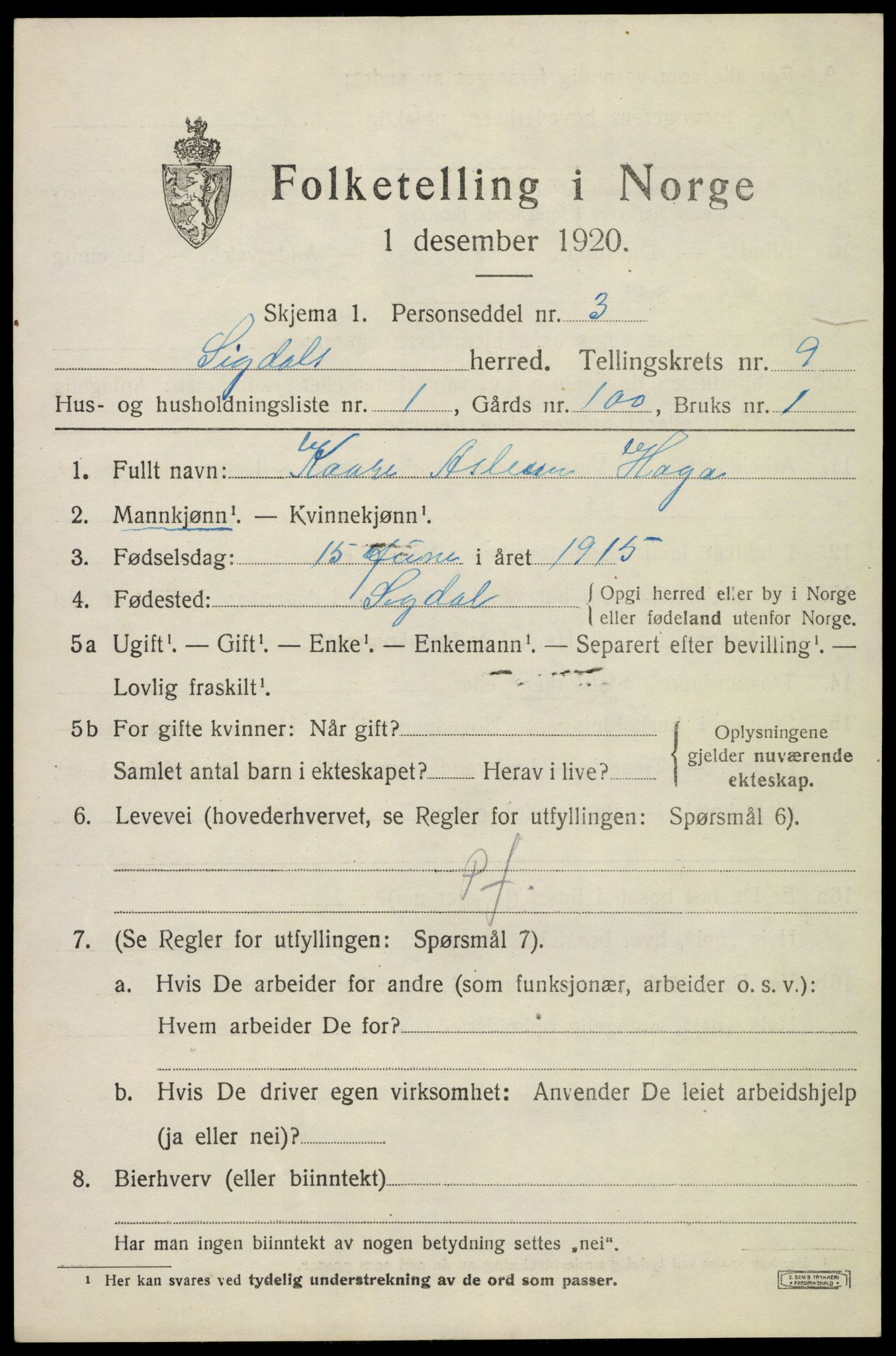 SAKO, 1920 census for Sigdal, 1920, p. 6376