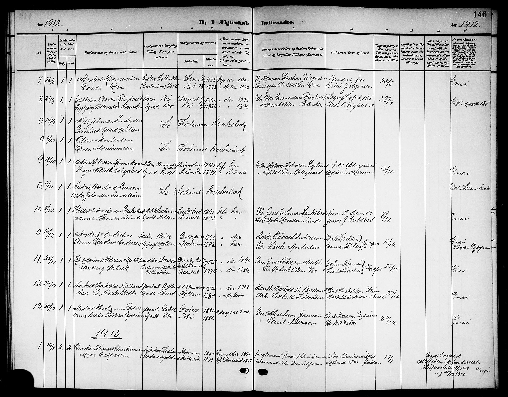 Solum kirkebøker, AV/SAKO-A-306/G/Gb/L0005: Parish register (copy) no. II 5, 1905-1914, p. 146