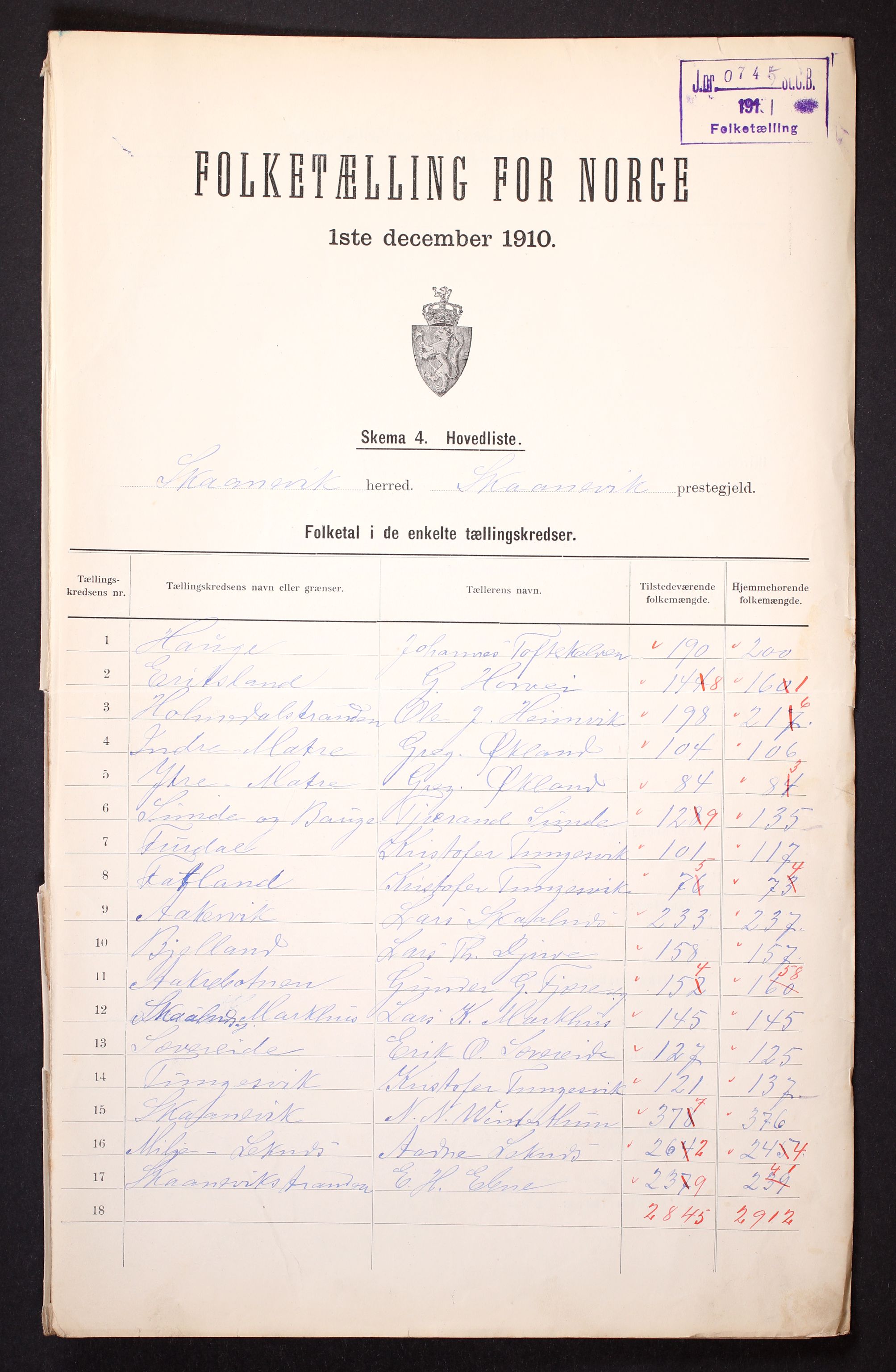 RA, 1910 census for Skånevik, 1910, p. 2