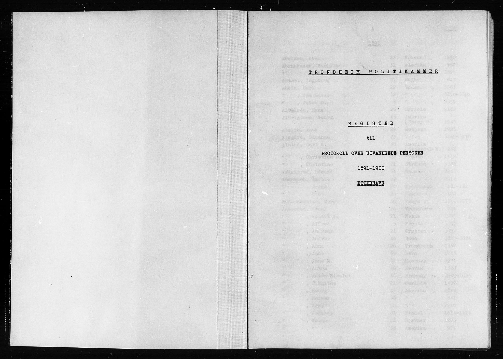 Trondheim politikammer, SAT/A-1887/1/32/L0019/0012: Registre til emigrantprotokollene / Etternavnsregister, 1891-1900