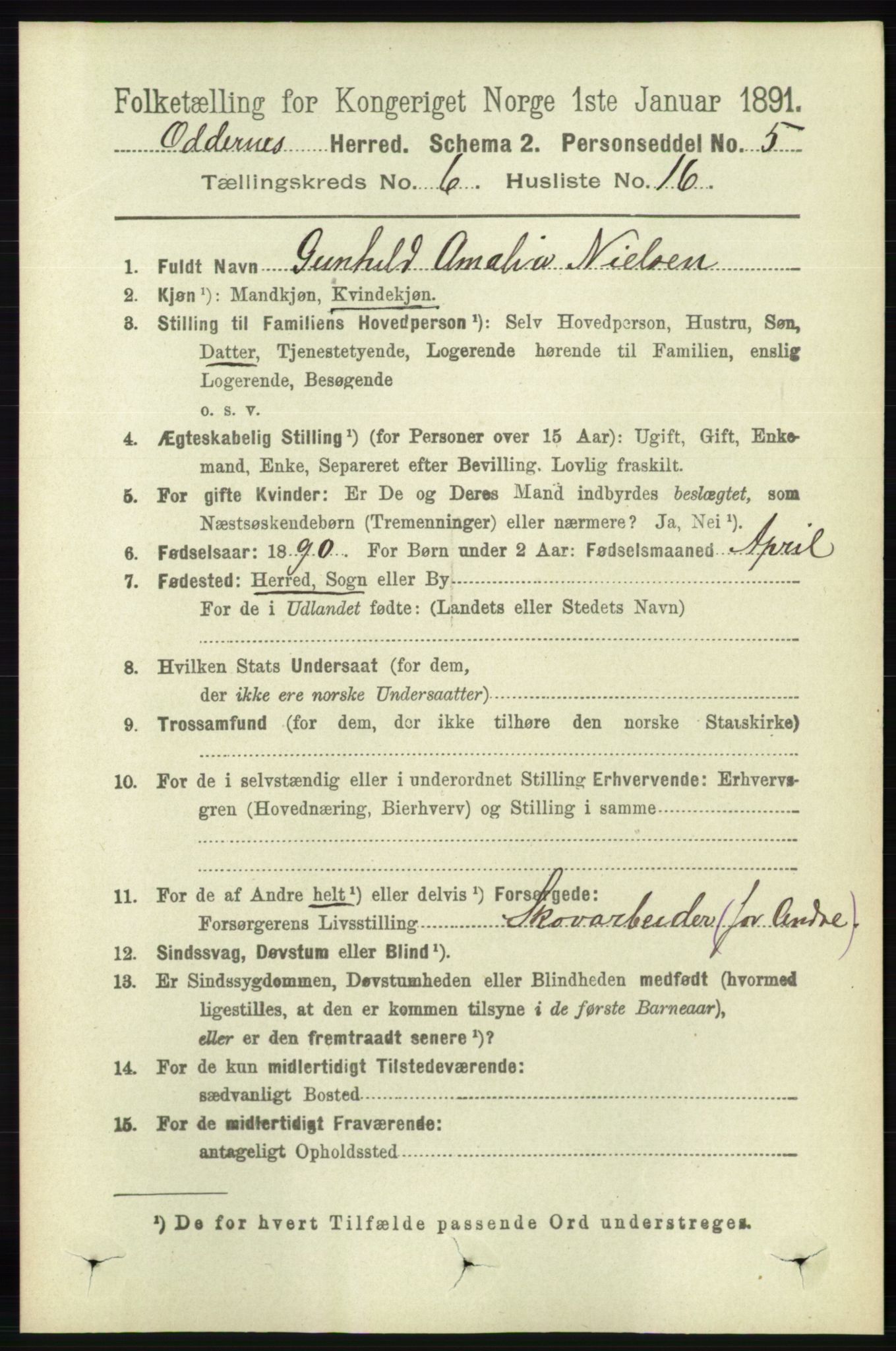 RA, 1891 census for 1012 Oddernes, 1891, p. 2287