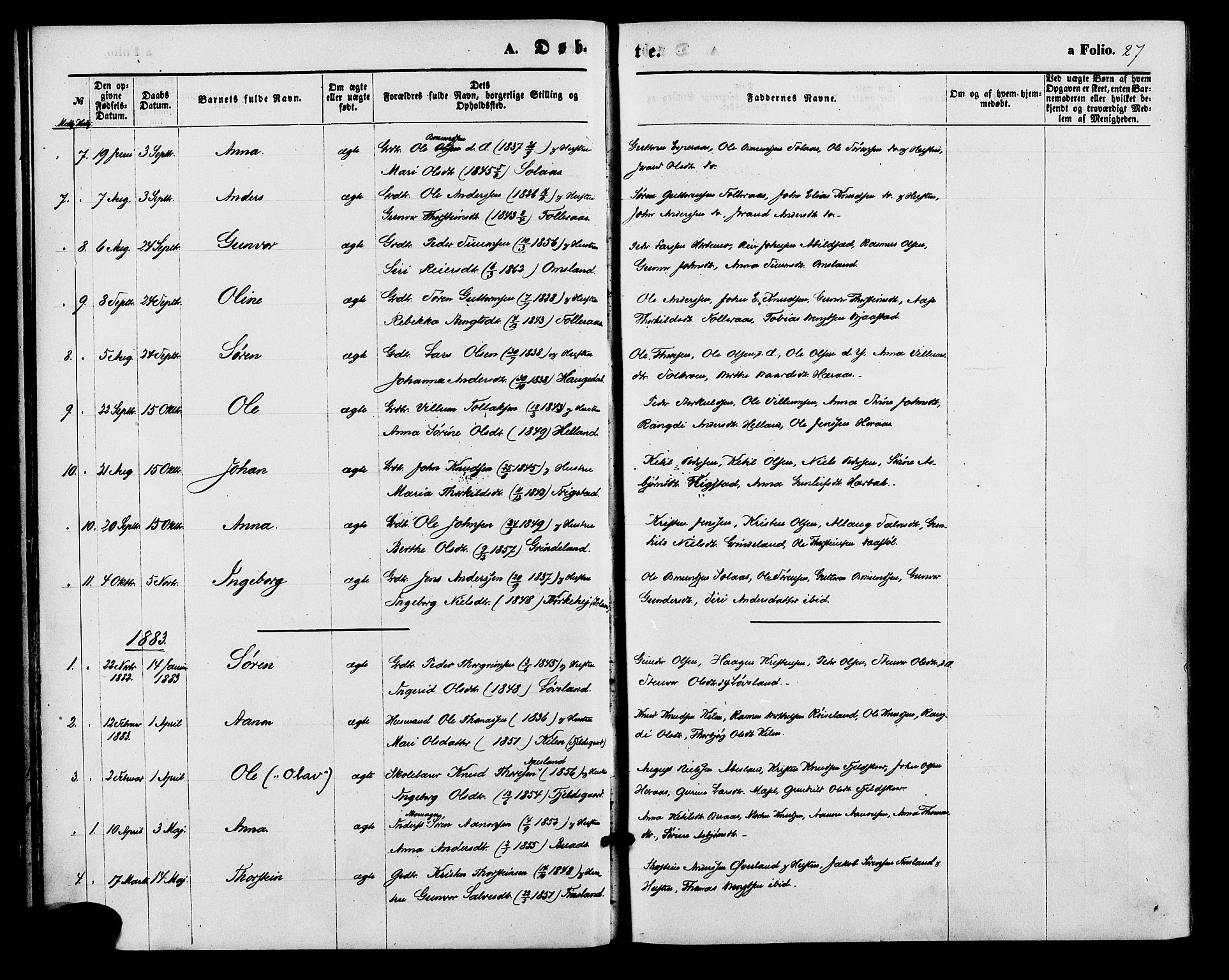 Bjelland sokneprestkontor, AV/SAK-1111-0005/F/Fa/Fab/L0003: Parish register (official) no. A 3, 1870-1887, p. 27