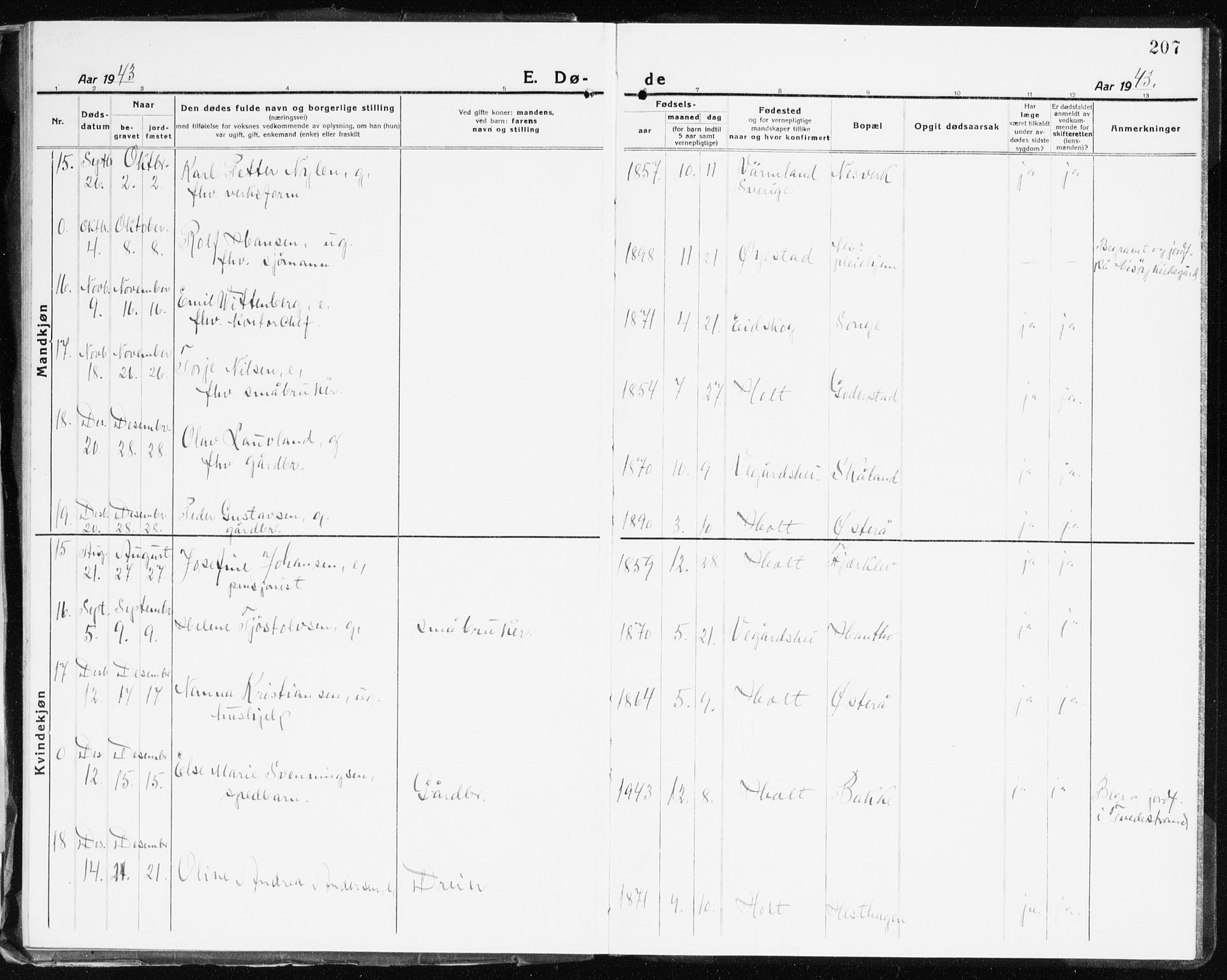 Holt sokneprestkontor, AV/SAK-1111-0021/F/Fb/L0012: Parish register (copy) no. B 12, 1919-1944, p. 207