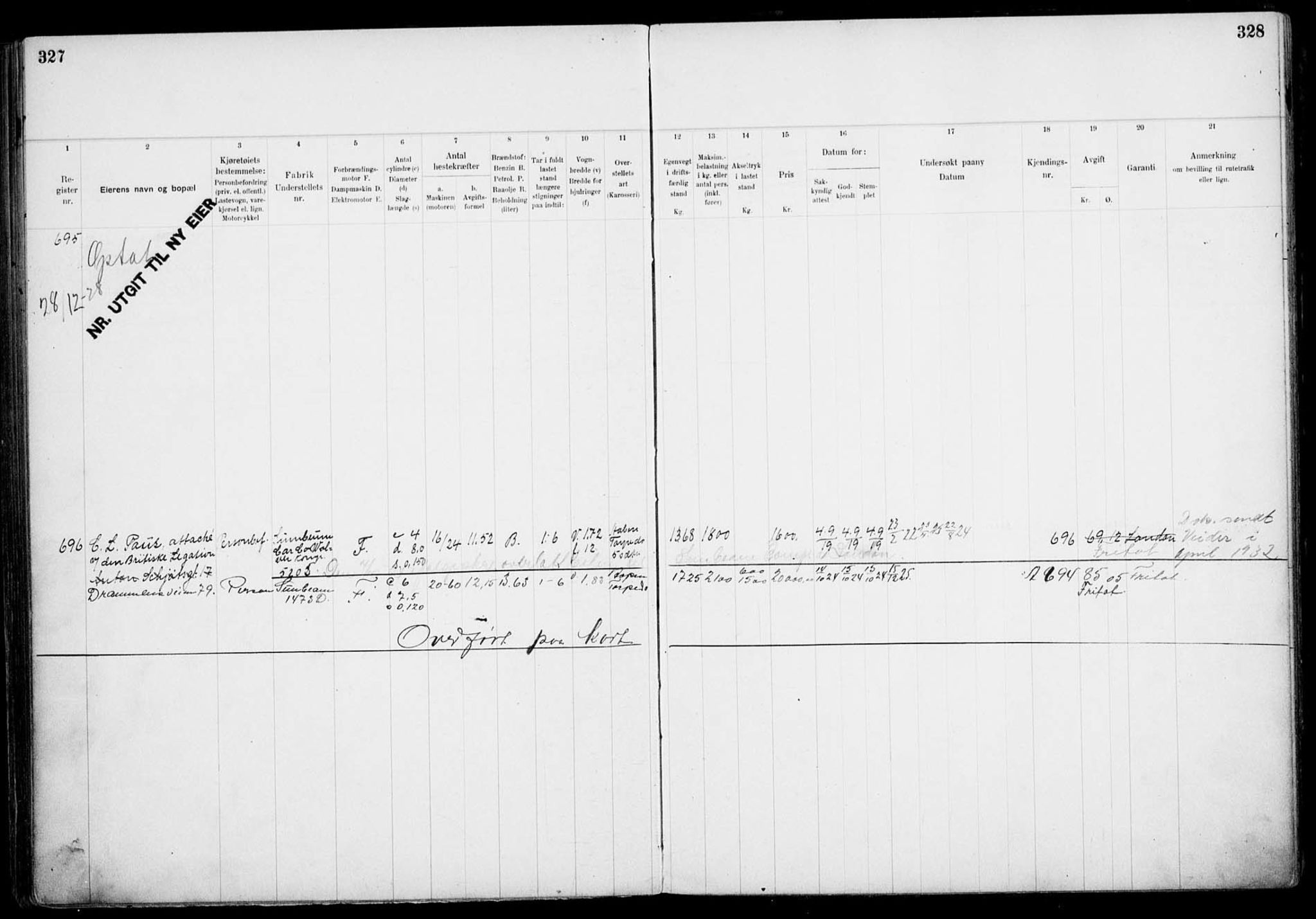 Vegdirektoratet, Bilavdelingen M, AV/RA-S-1663/F/Fa/L0002: Bilregisterprotokoll. Reg.nr. A1-A29 og A400-A902, 1913-1926, p. 327-328