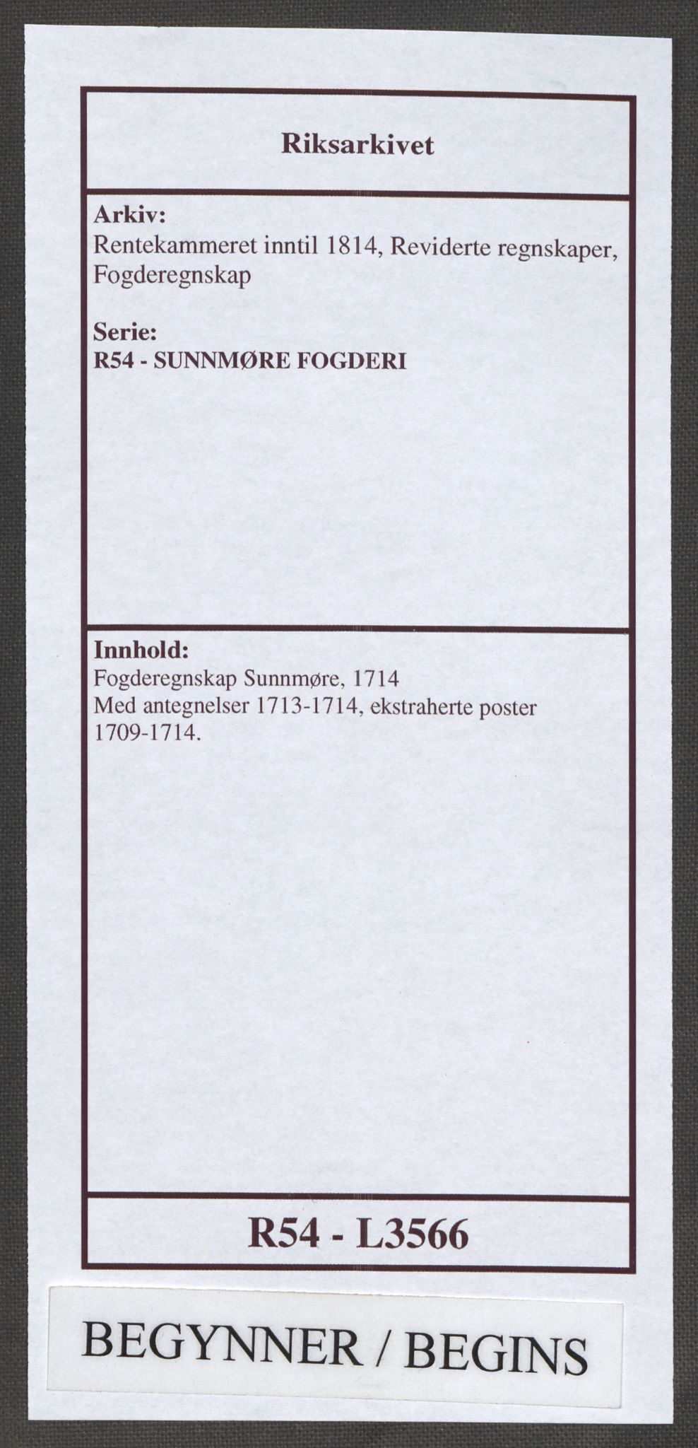 Rentekammeret inntil 1814, Reviderte regnskaper, Fogderegnskap, RA/EA-4092/R54/L3566: Fogderegnskap Sunnmøre, 1714, p. 1