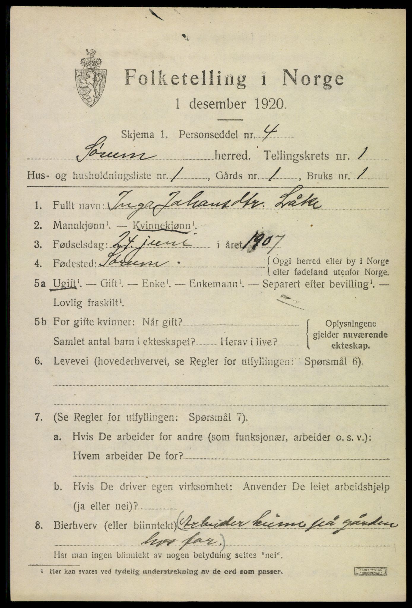 SAO, 1920 census for Sørum, 1920, p. 1129