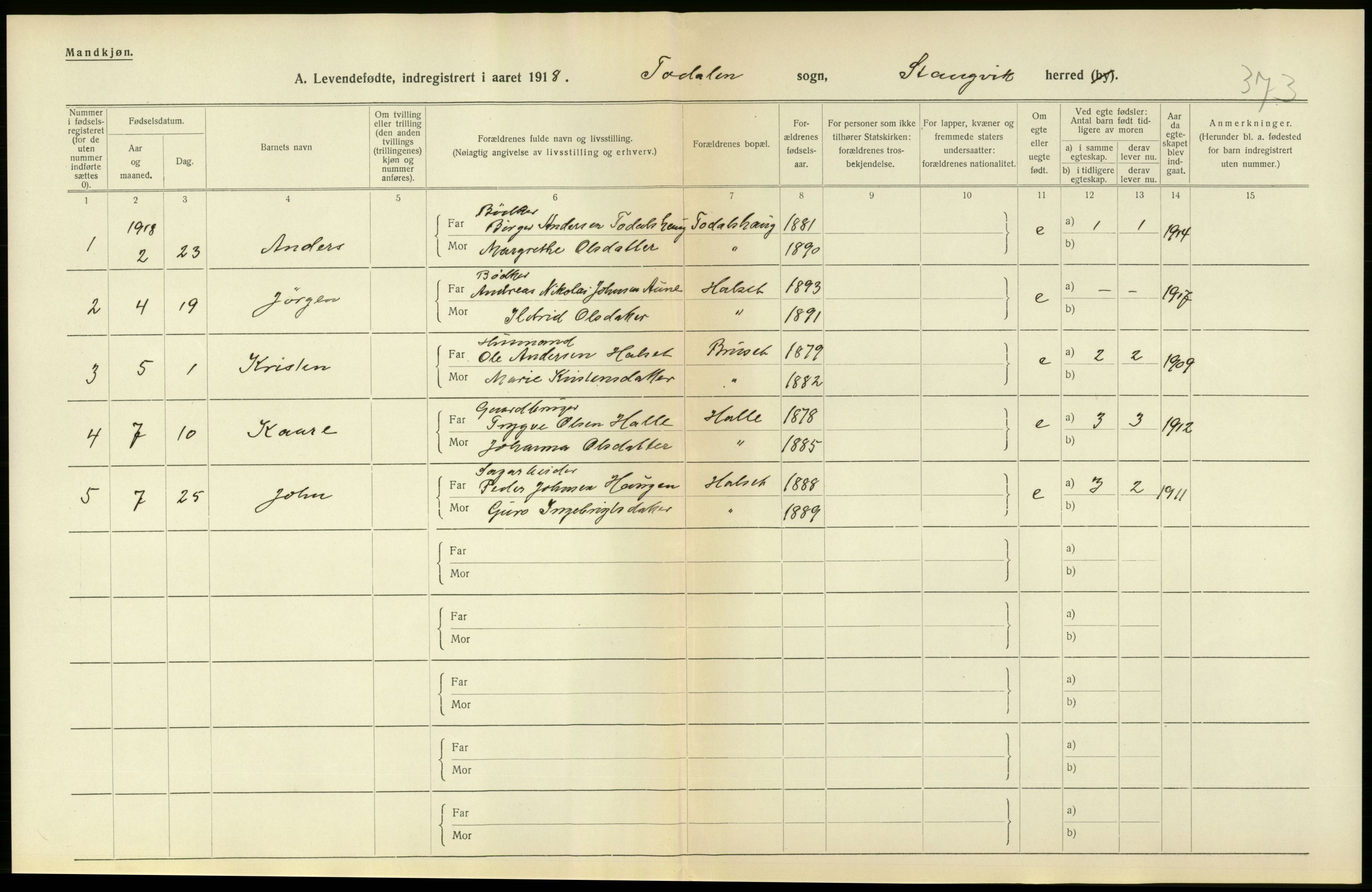 Statistisk sentralbyrå, Sosiodemografiske emner, Befolkning, RA/S-2228/D/Df/Dfb/Dfbh/L0043: Møre fylke: Levendefødte menn og kvinner. Bygder., 1918, p. 460