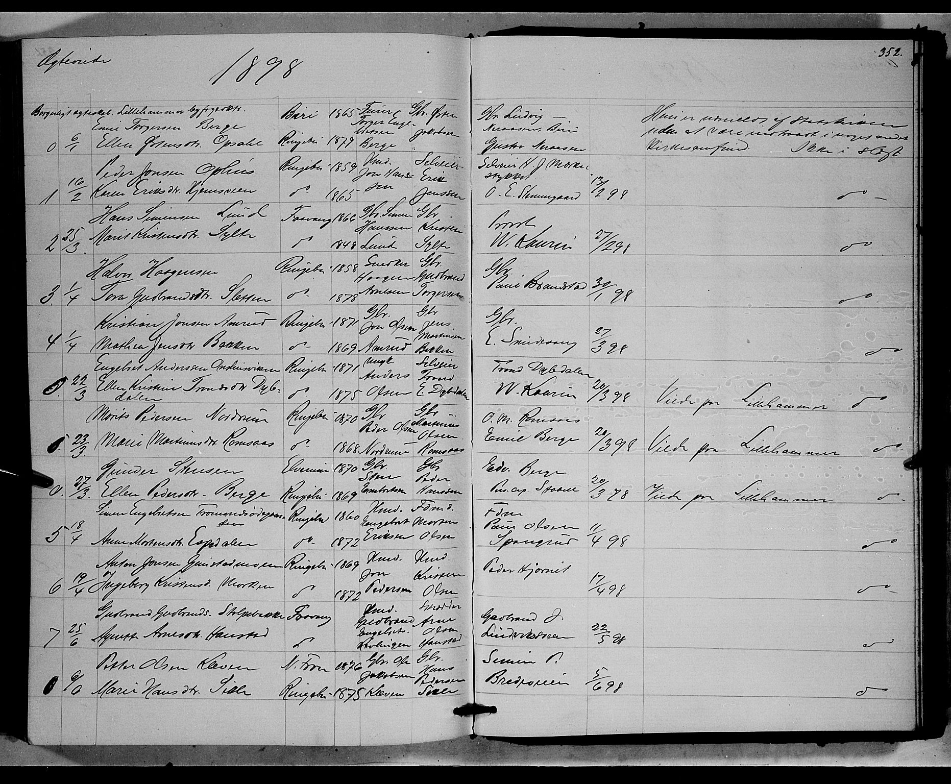 Ringebu prestekontor, SAH/PREST-082/H/Ha/Hab/L0006: Parish register (copy) no. 6, 1880-1898, p. 352