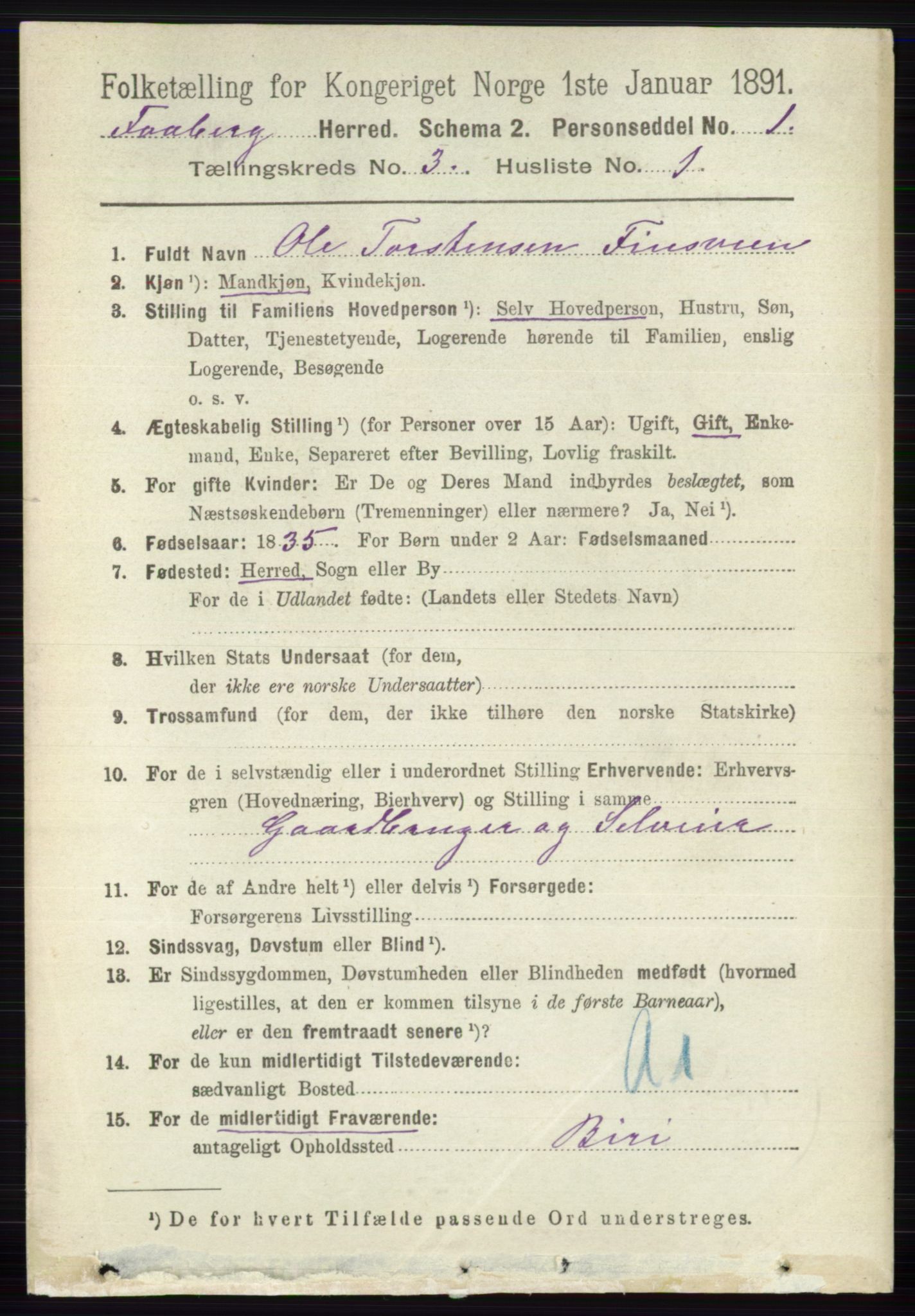 RA, 1891 census for 0524 Fåberg, 1891, p. 861