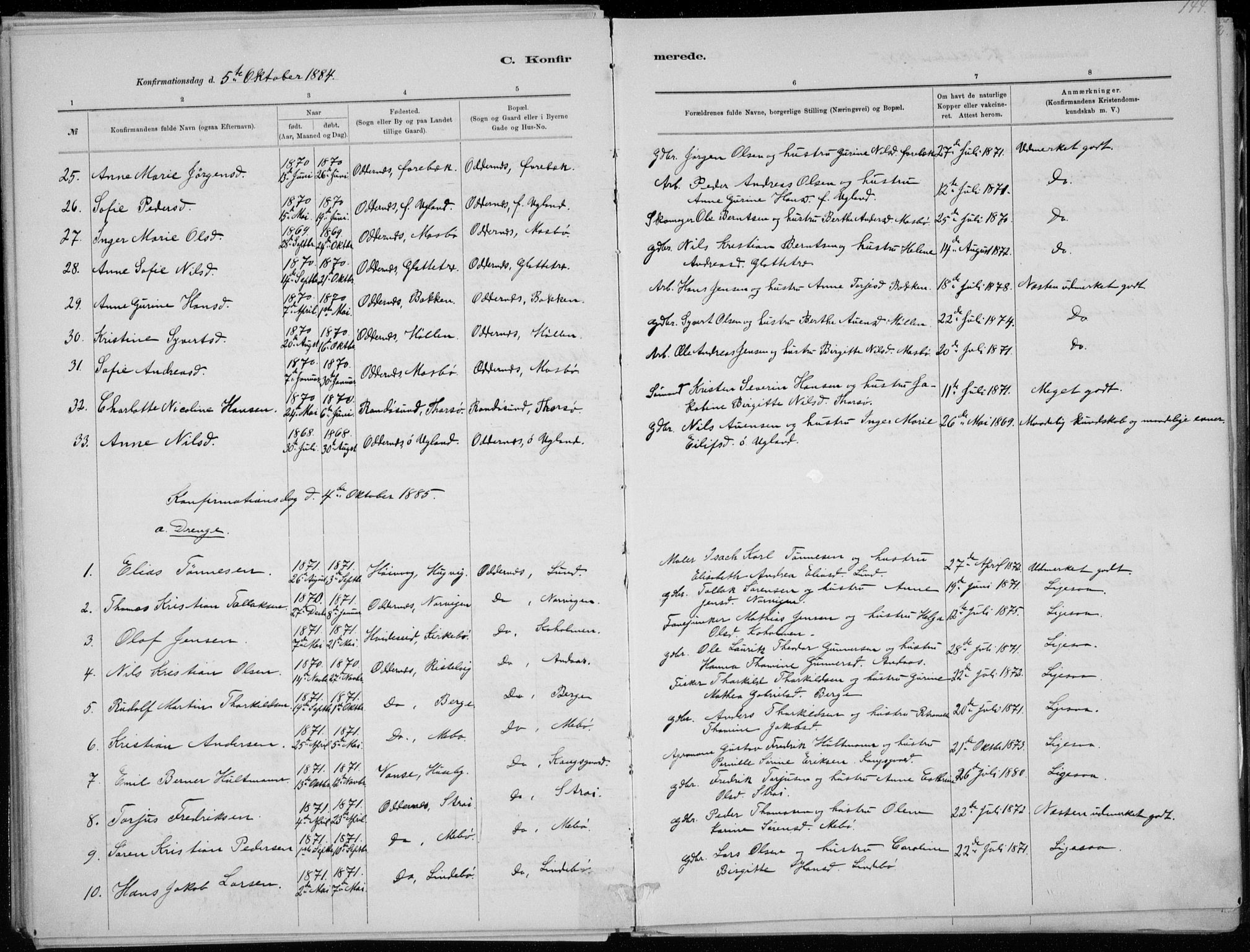 Oddernes sokneprestkontor, AV/SAK-1111-0033/F/Fa/Faa/L0009: Parish register (official) no. A 9, 1884-1896, p. 144