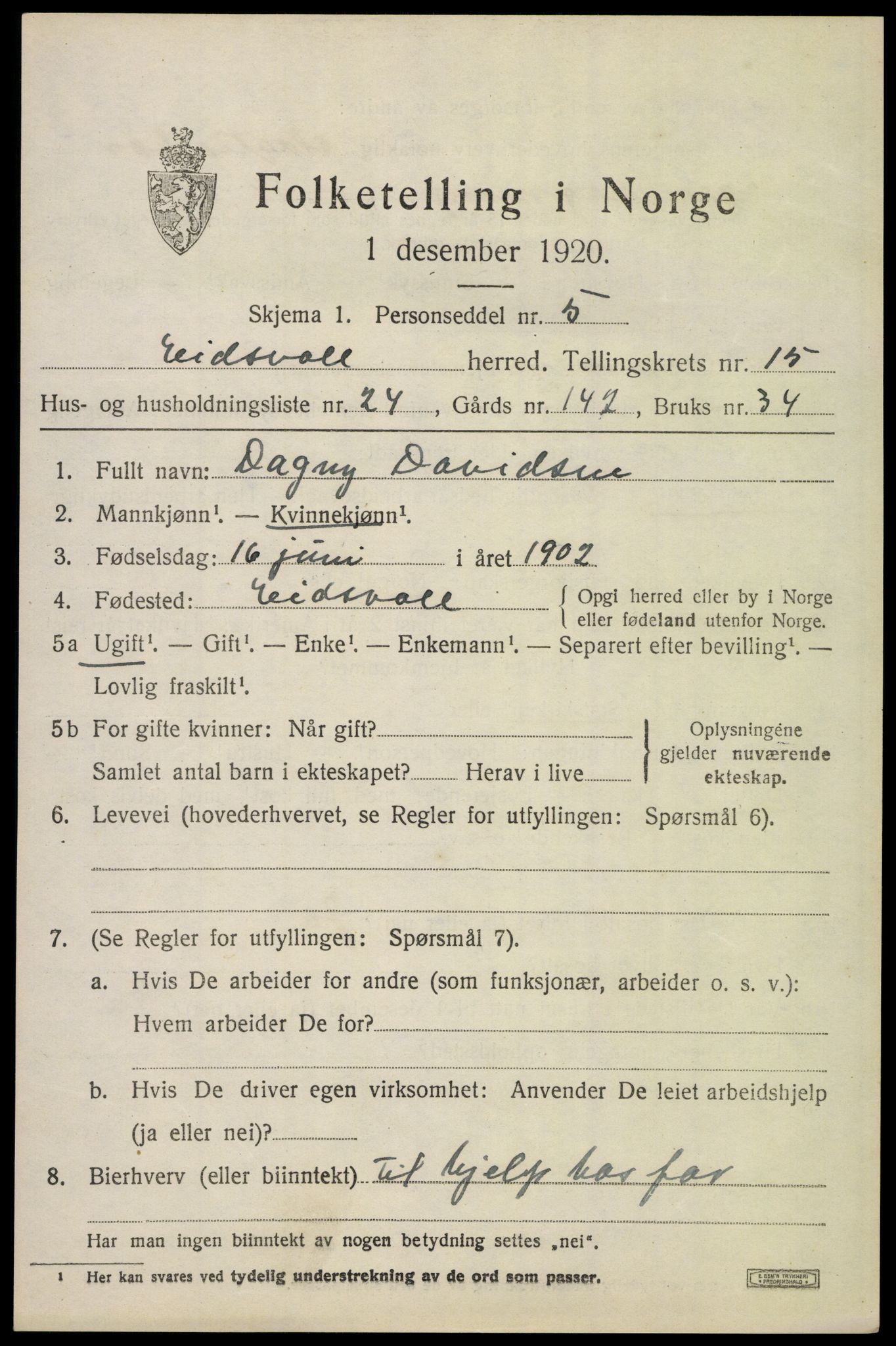 SAO, 1920 census for Eidsvoll, 1920, p. 22425