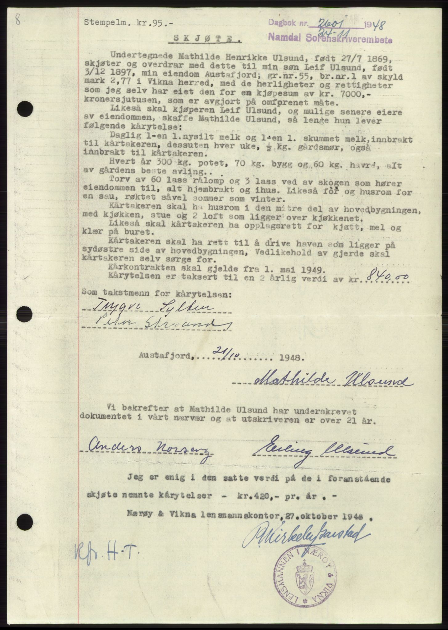 Namdal sorenskriveri, AV/SAT-A-4133/1/2/2C: Mortgage book no. -, 1948-1948, Diary no: : 2601/1948