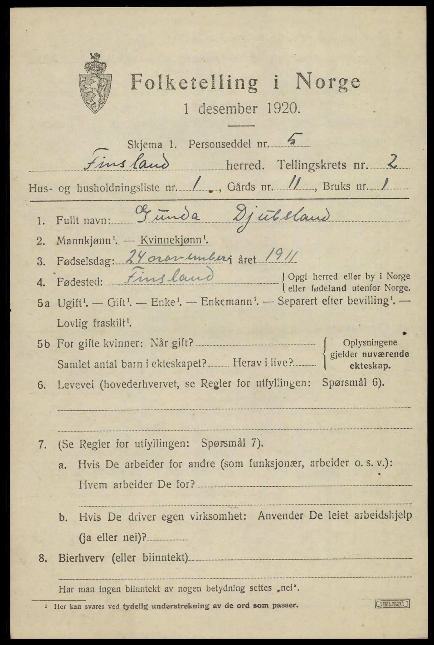 SAK, 1920 census for Finsland, 1920, p. 736