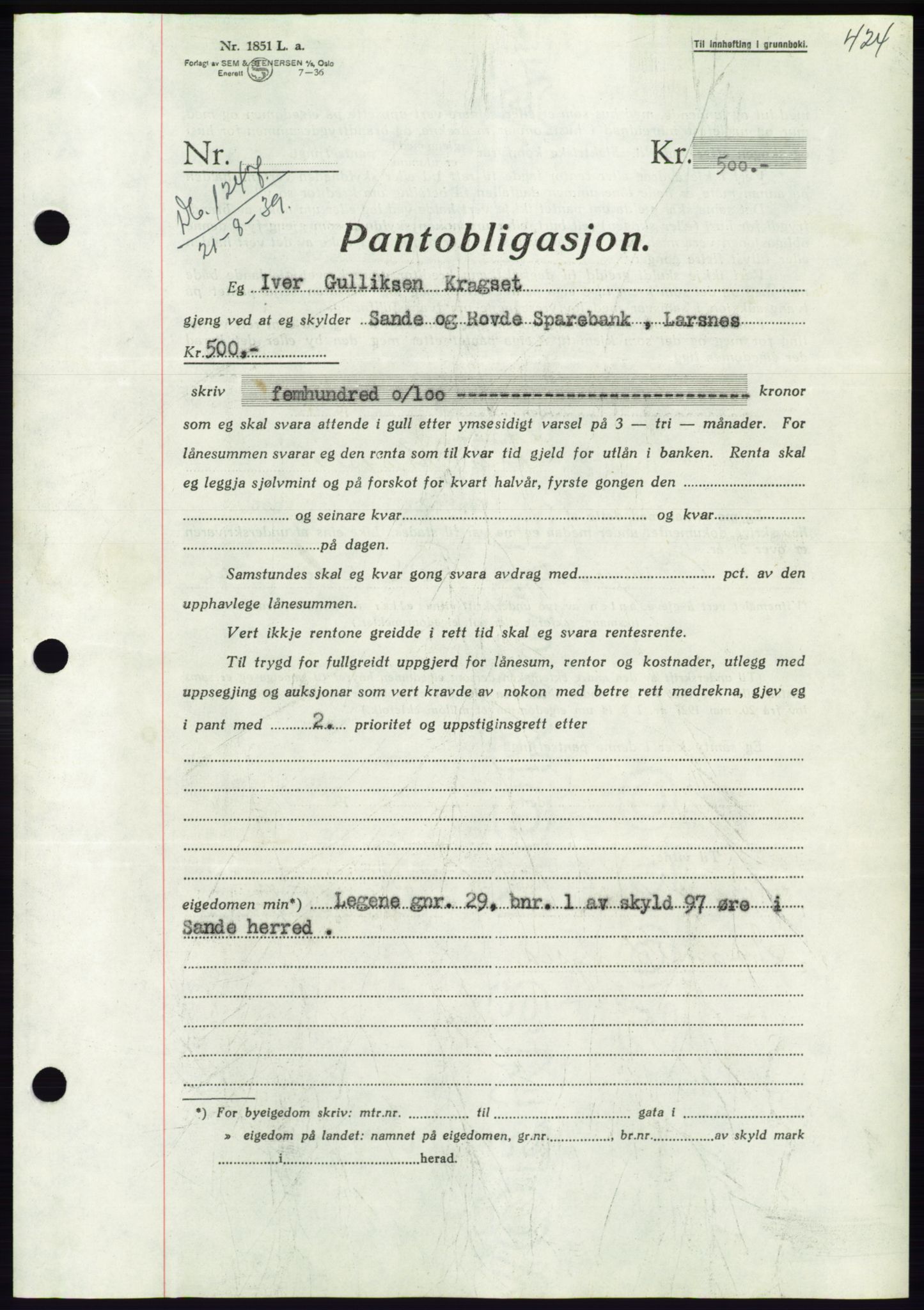 Søre Sunnmøre sorenskriveri, AV/SAT-A-4122/1/2/2C/L0068: Mortgage book no. 62, 1939-1939, Diary no: : 1247/1939