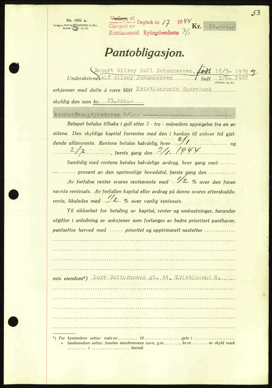 Kristiansund byfogd, AV/SAT-A-4587/A/27: Mortgage book no. 37-38, 1943-1945, Diary no: : 17/1944