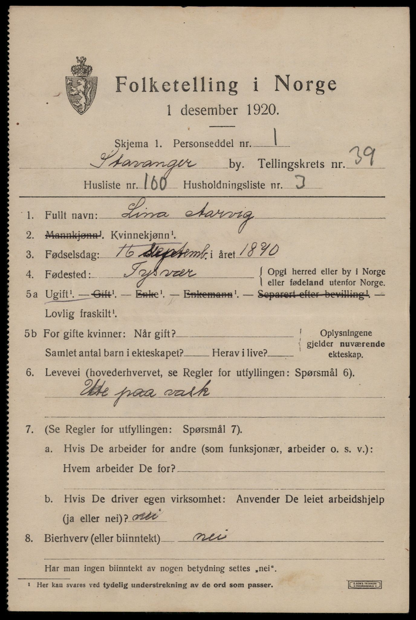 SAST, 1920 census for Stavanger, 1920, p. 102194