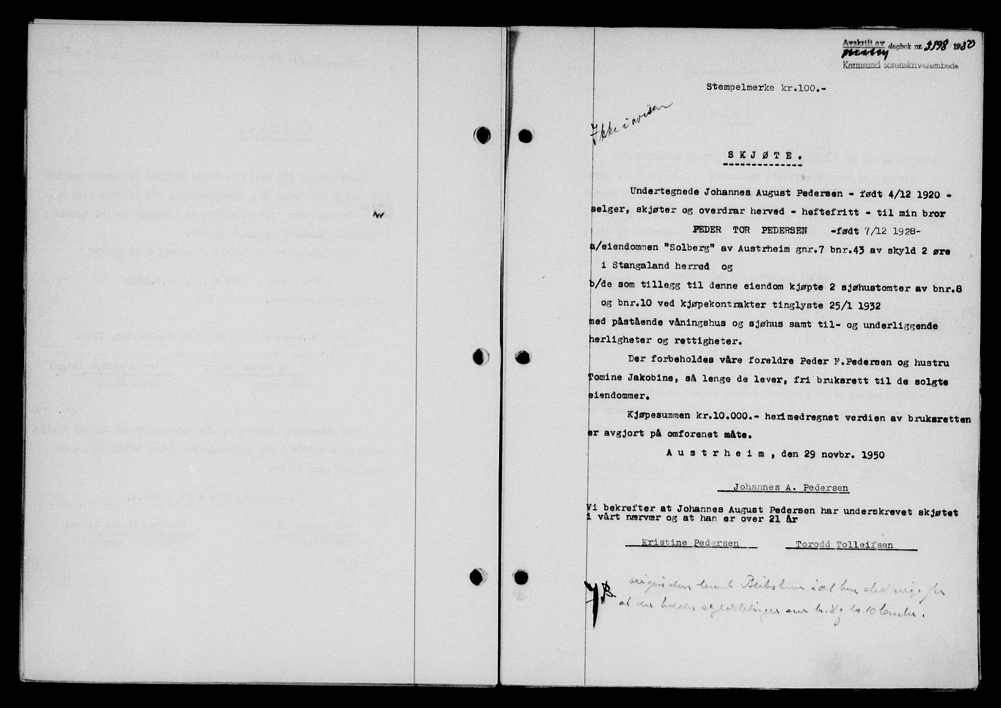 Karmsund sorenskriveri, SAST/A-100311/01/II/IIB/L0101: Mortgage book no. 81A, 1950-1951, Diary no: : 3398/1950