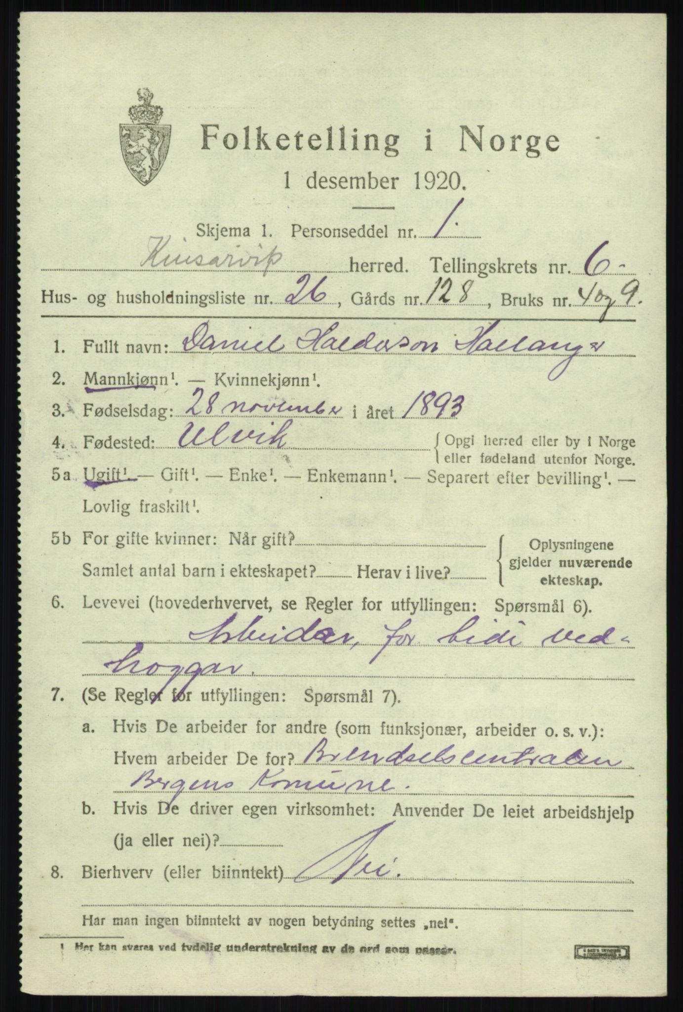 SAB, 1920 census for Kinsarvik, 1920, p. 3152