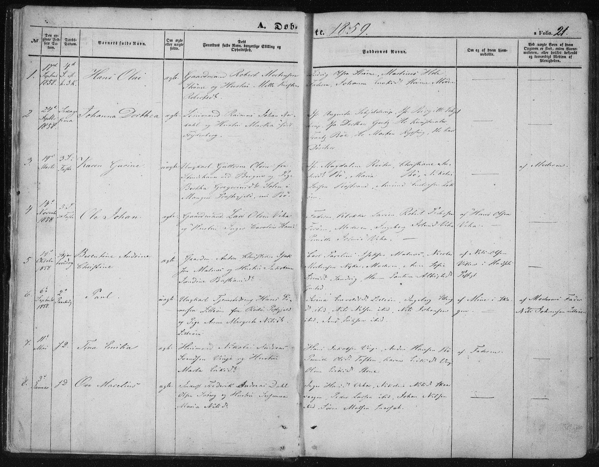 Ministerialprotokoller, klokkerbøker og fødselsregistre - Nordland, AV/SAT-A-1459/891/L1300: Parish register (official) no. 891A05, 1856-1870, p. 21