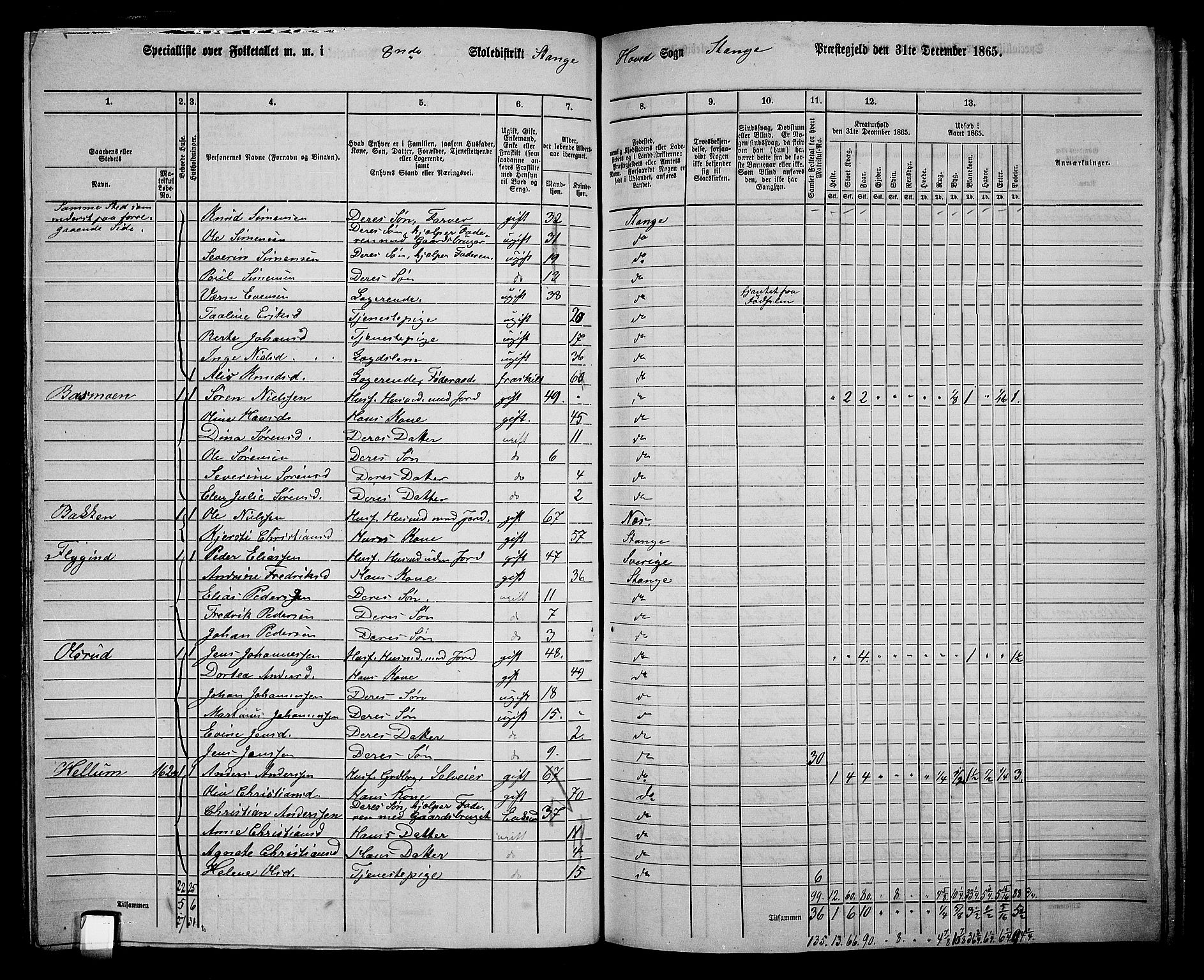 RA, 1865 census for Stange, 1865, p. 191