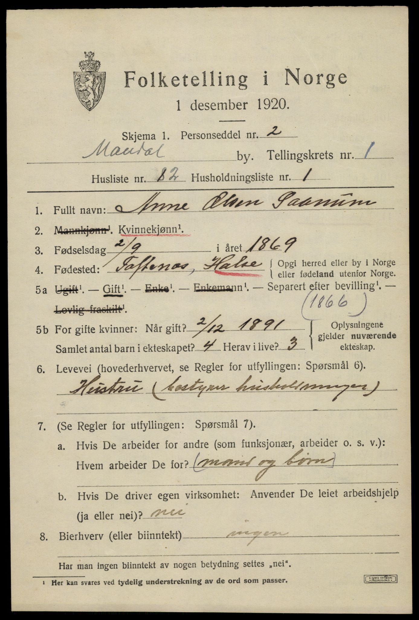 SAK, 1920 census for Mandal, 1920, p. 4087