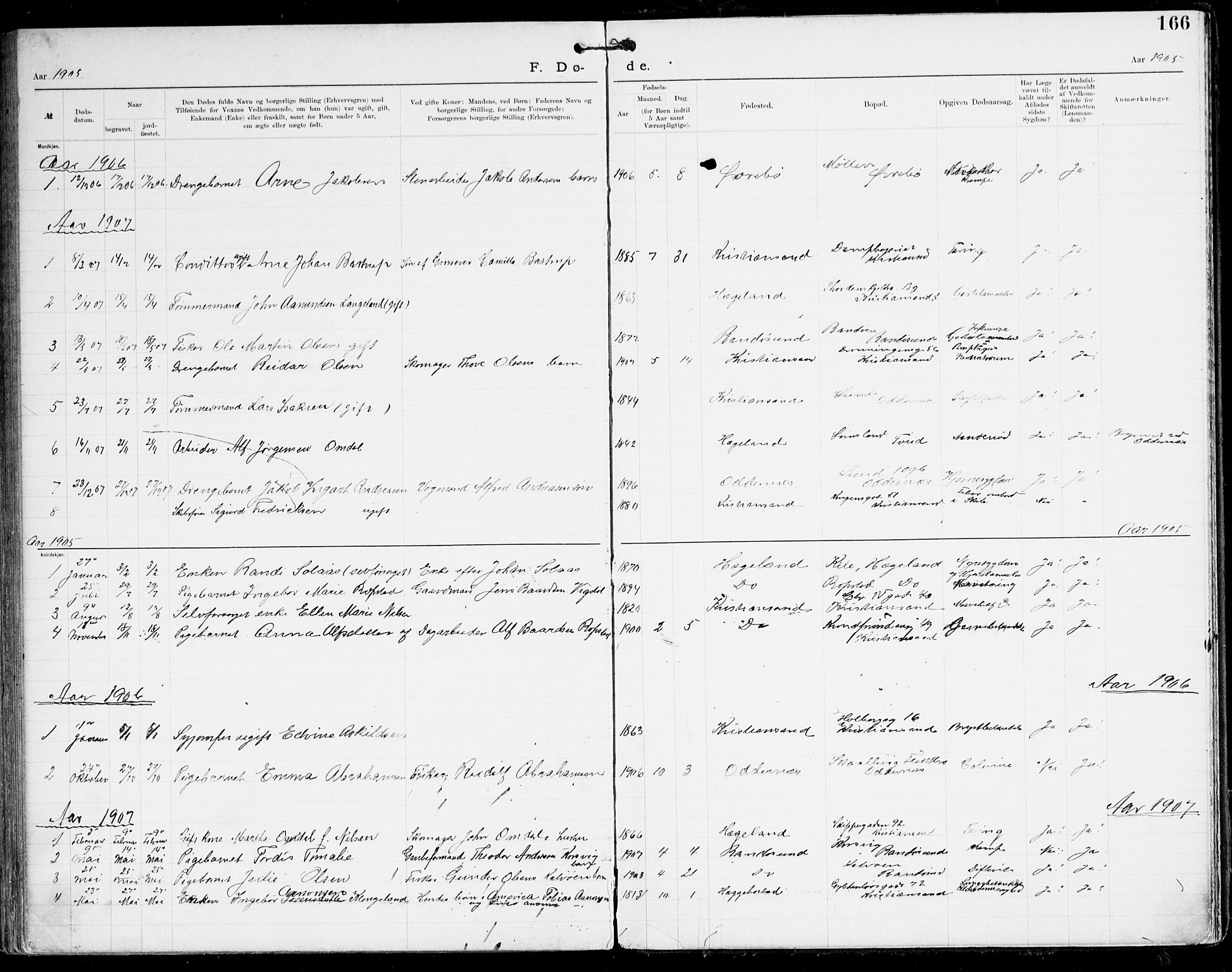 Den evangelisk-lutherske frikirke, Kristiansand, SAK/1292-0017/F/Fa/L0003: Dissenter register no. F 11, 1892-1925, p. 166
