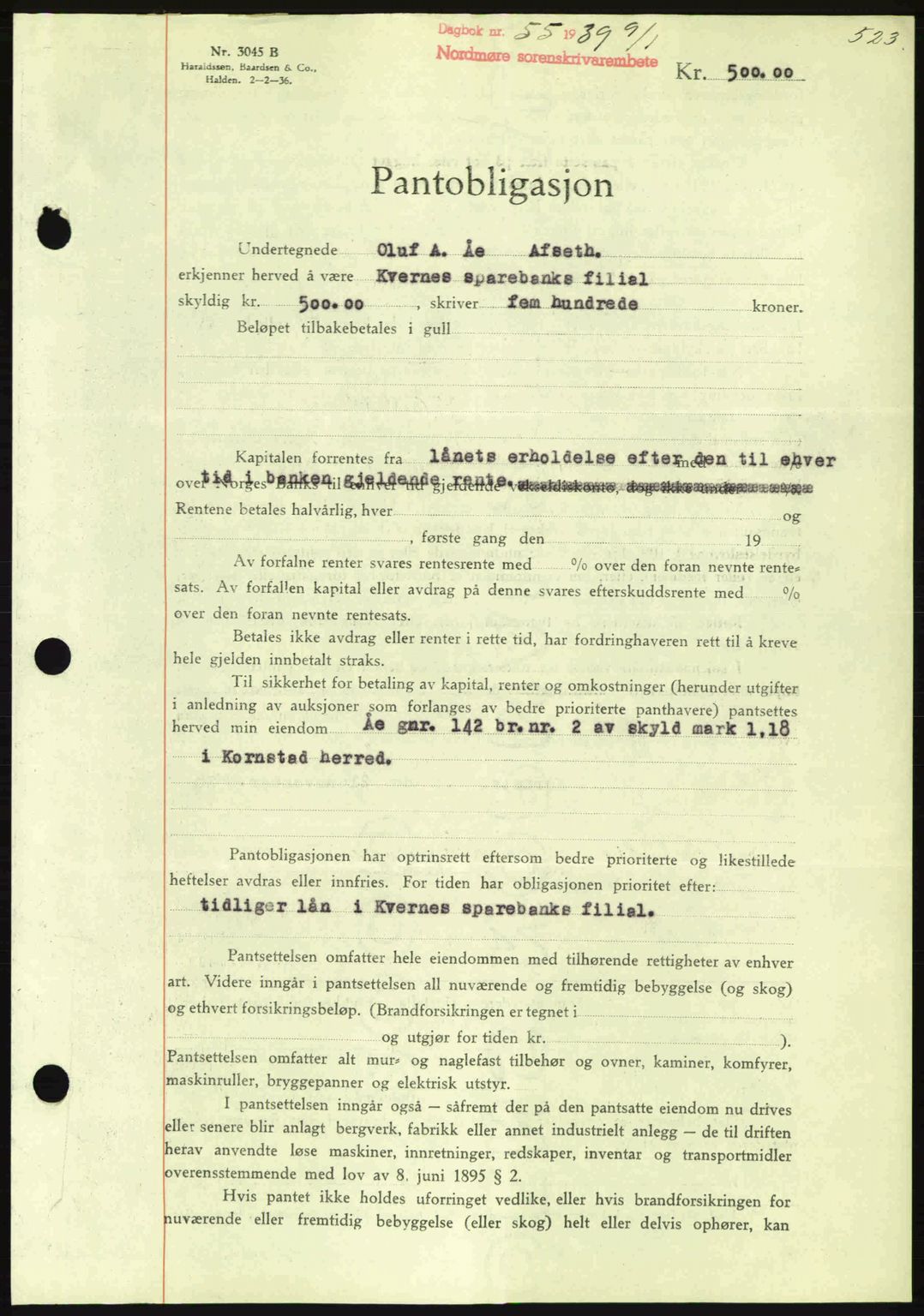 Nordmøre sorenskriveri, SAT/A-4132/1/2/2Ca: Mortgage book no. B84, 1938-1939, Diary no: : 55/1939