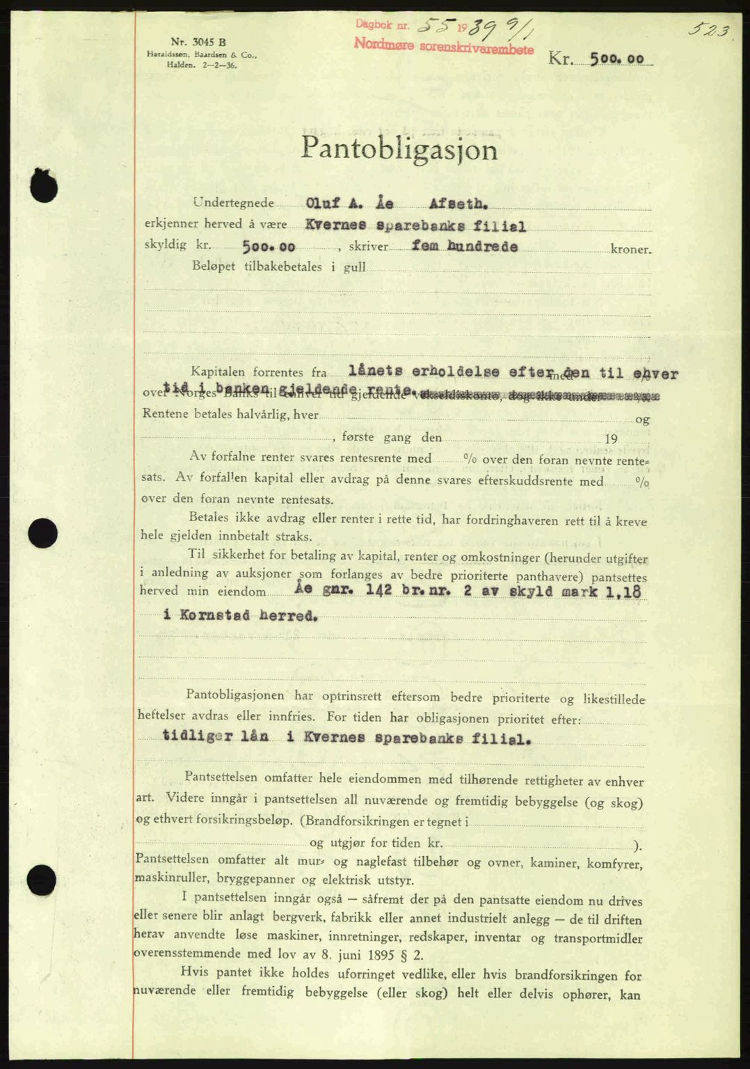 Nordmøre sorenskriveri, AV/SAT-A-4132/1/2/2Ca: Mortgage book no. B84, 1938-1939, Diary no: : 55/1939