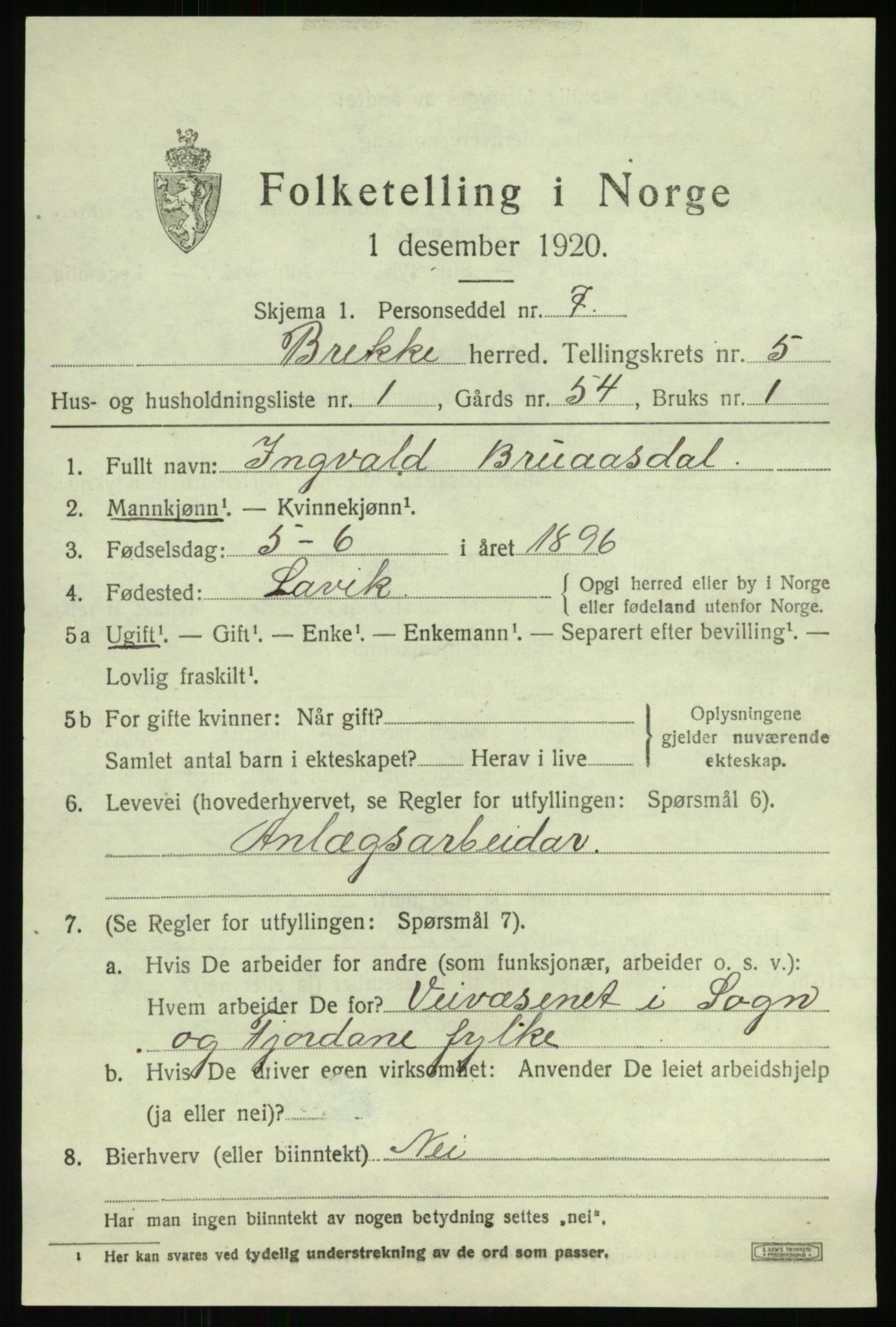 SAB, 1920 census for Brekke, 1920, p. 1074