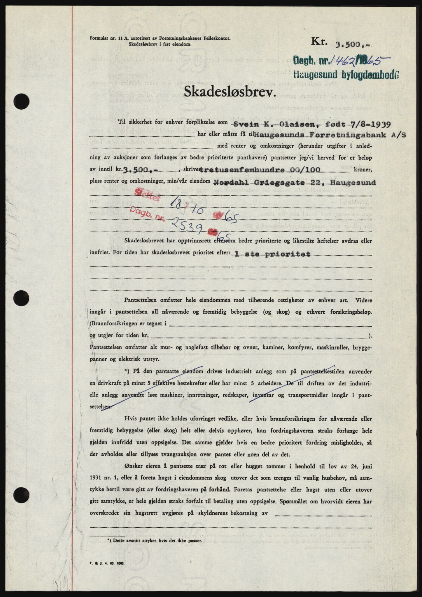 Haugesund tingrett, SAST/A-101415/01/II/IIC/L0053: Mortgage book no. B 53, 1965-1965, Diary no: : 1462/1965