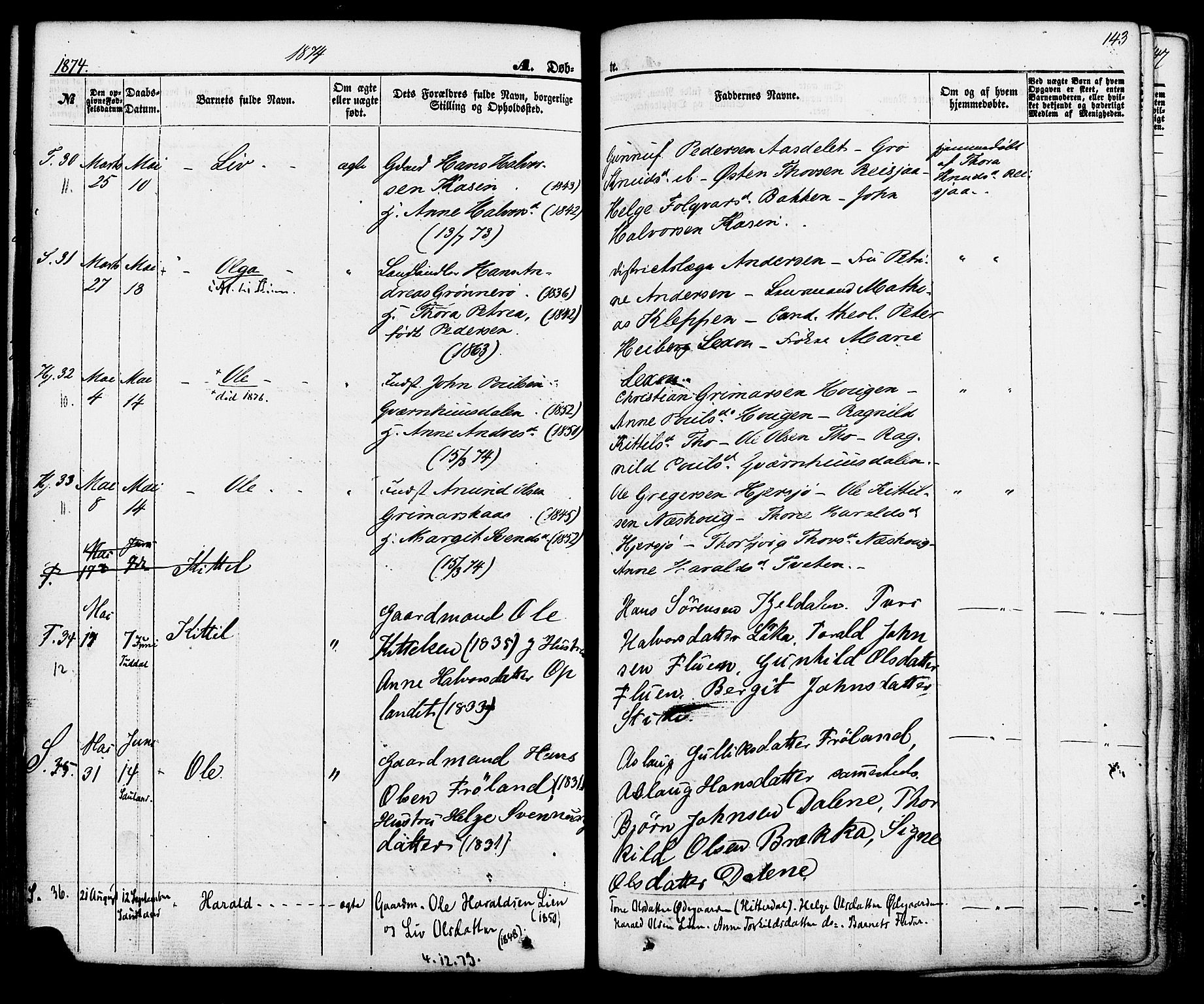Hjartdal kirkebøker, SAKO/A-270/F/Fa/L0009: Parish register (official) no. I 9, 1860-1879, p. 143