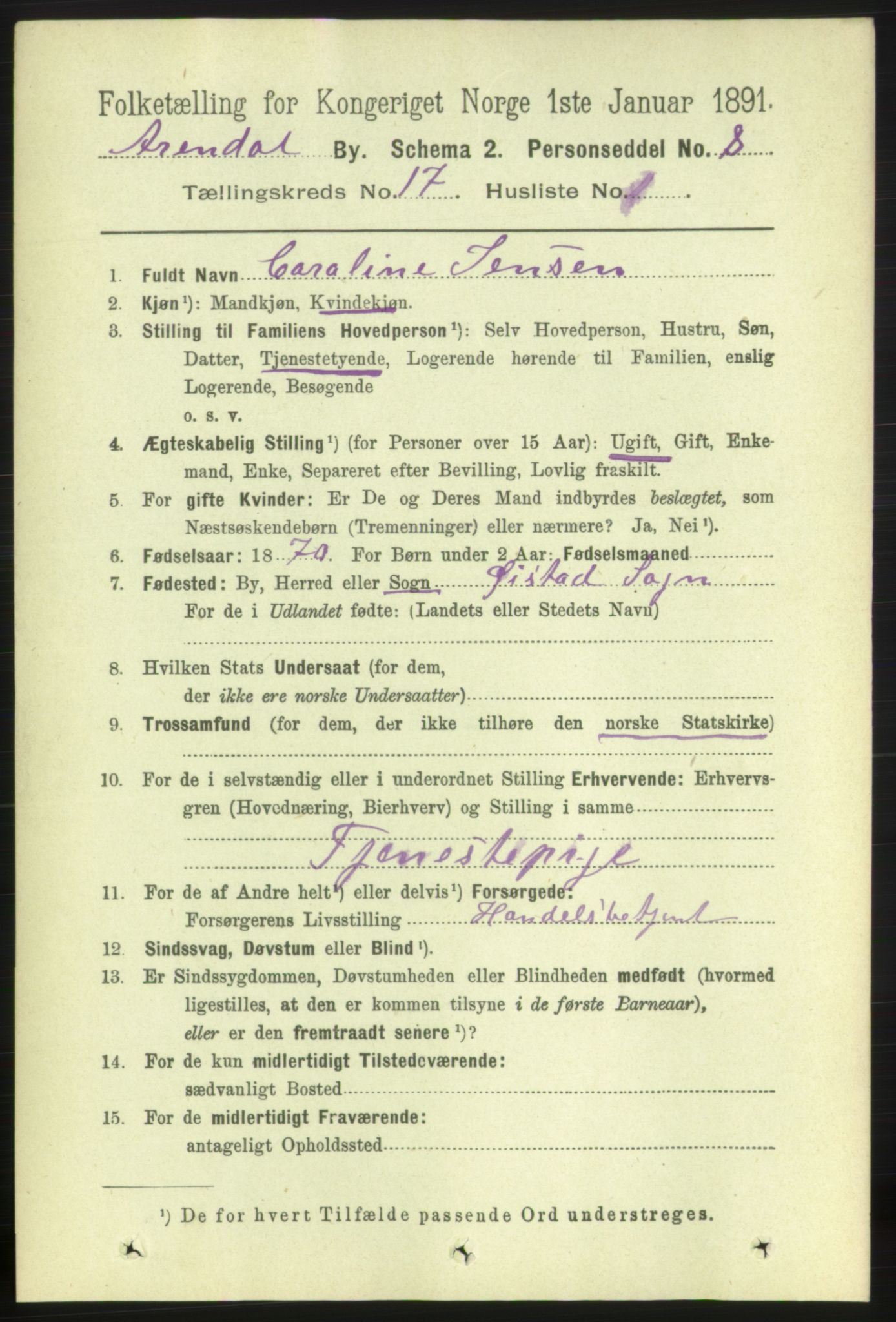 RA, 1891 census for 0903 Arendal, 1891, p. 5592