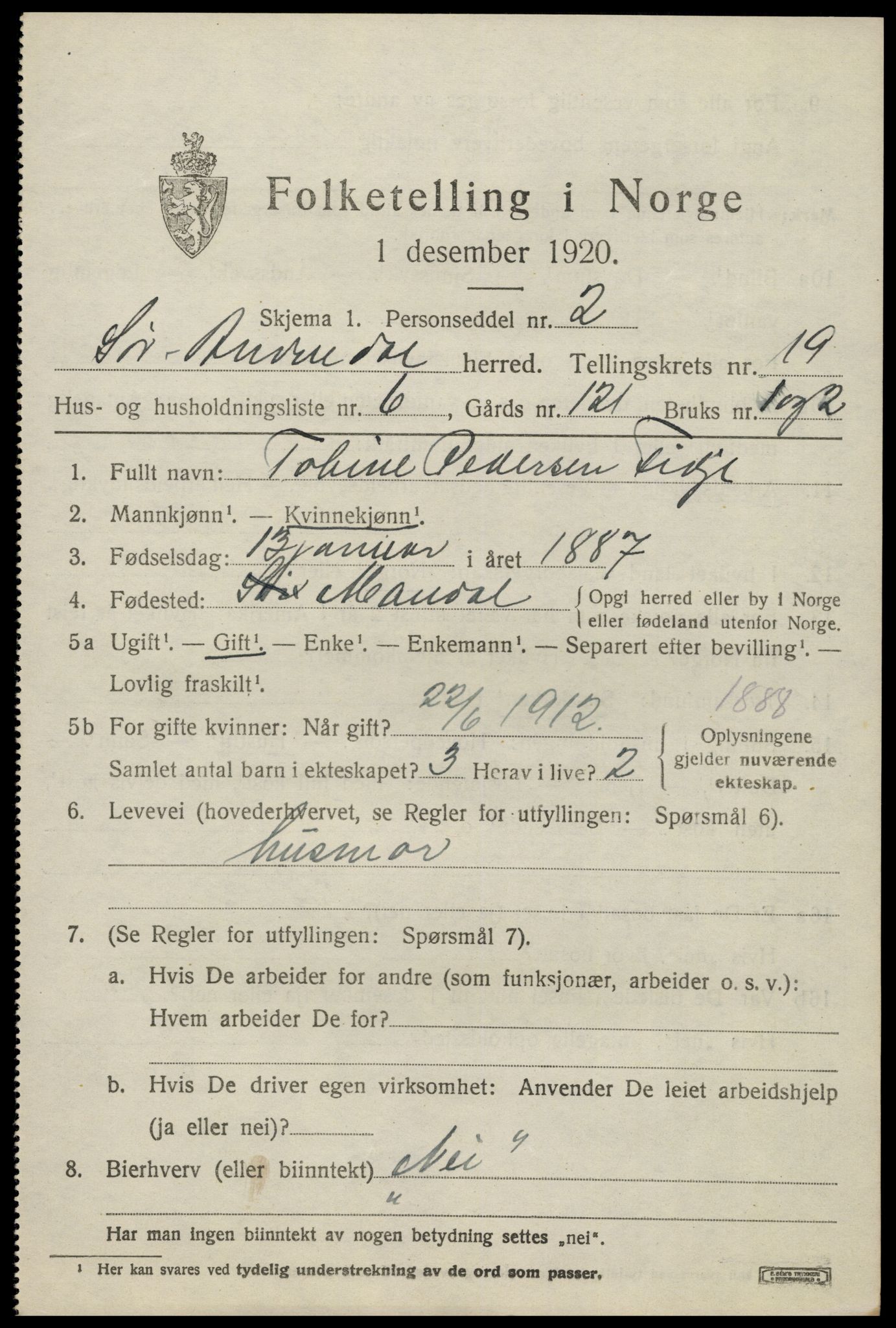 SAK, 1920 census for Sør-Audnedal, 1920, p. 6639