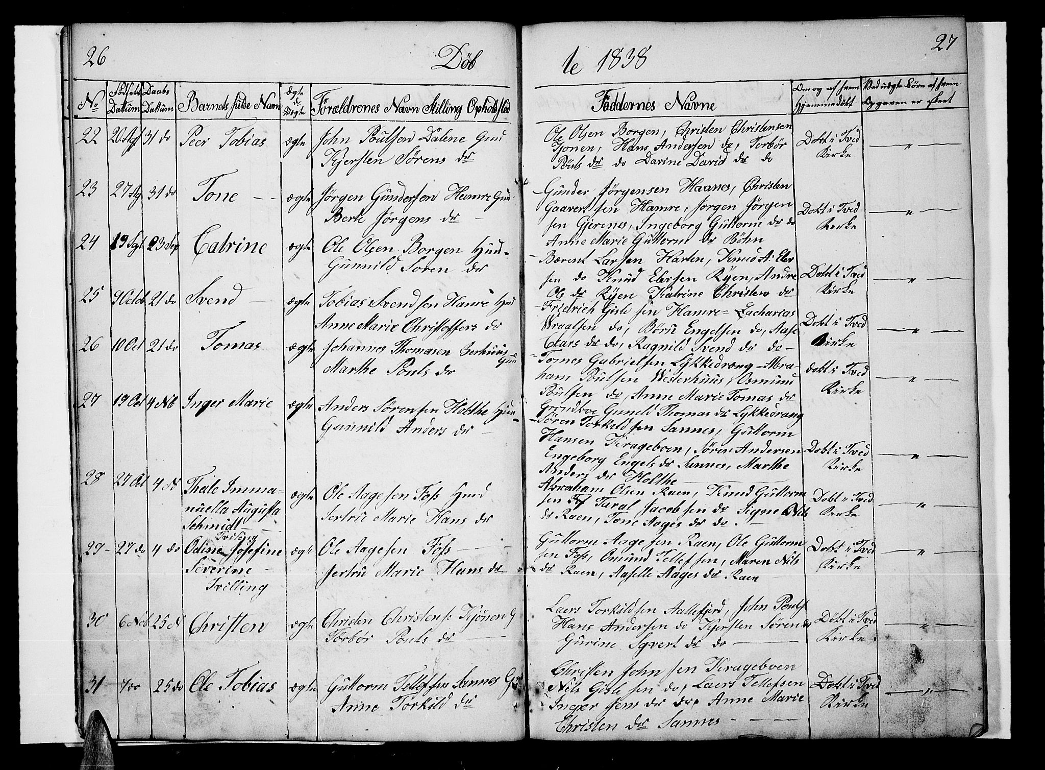 Tveit sokneprestkontor, AV/SAK-1111-0043/F/Fb/L0002: Parish register (copy) no. B 2, 1835-1854, p. 26-27