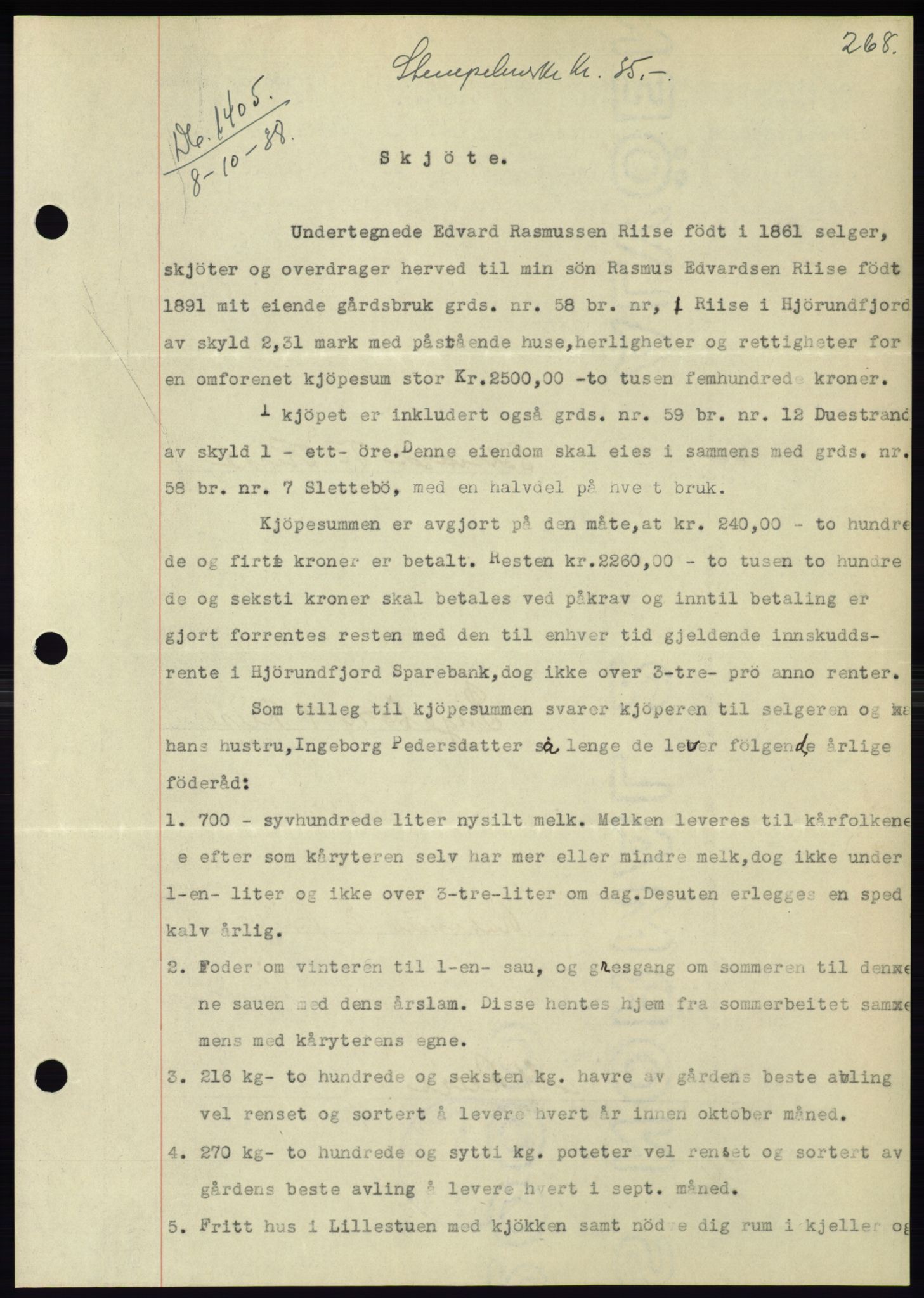 Søre Sunnmøre sorenskriveri, AV/SAT-A-4122/1/2/2C/L0066: Mortgage book no. 60, 1938-1938, Diary no: : 1405/1938