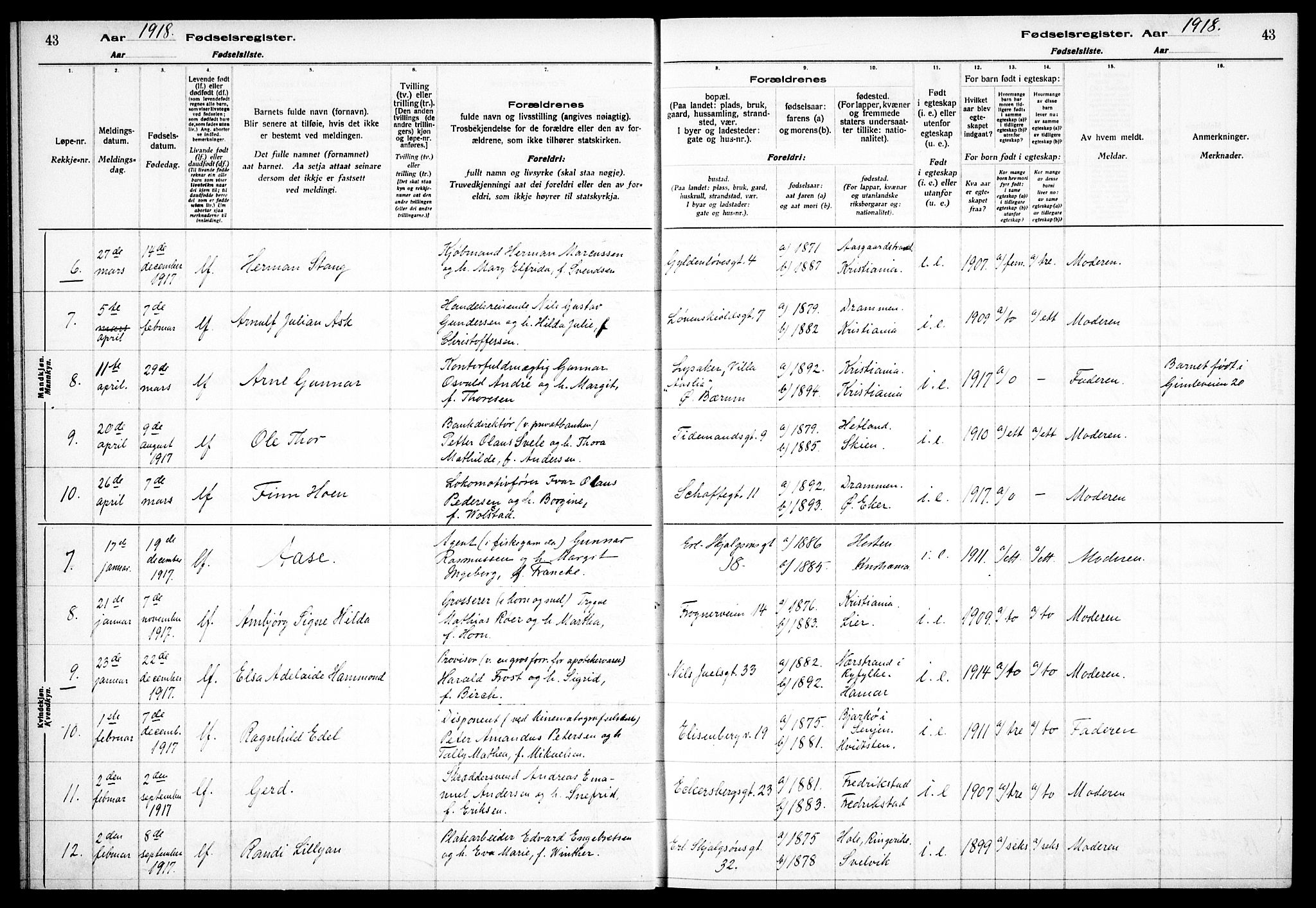 Frogner prestekontor Kirkebøker, SAO/A-10886/J/Ja/L0001: Birth register no. 1, 1916-1927, p. 43
