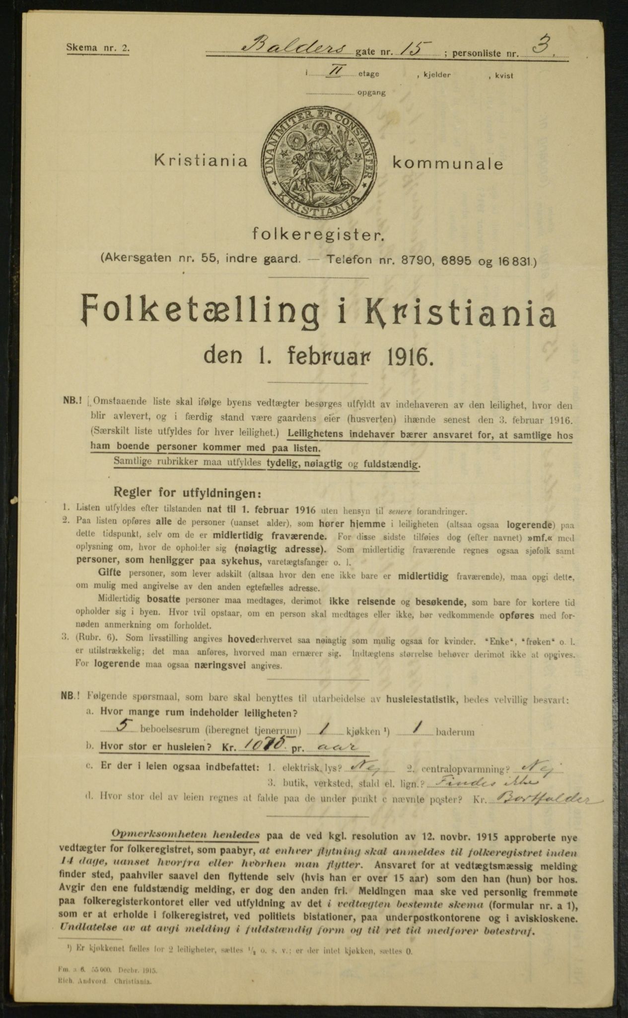 OBA, Municipal Census 1916 for Kristiania, 1916, p. 3399