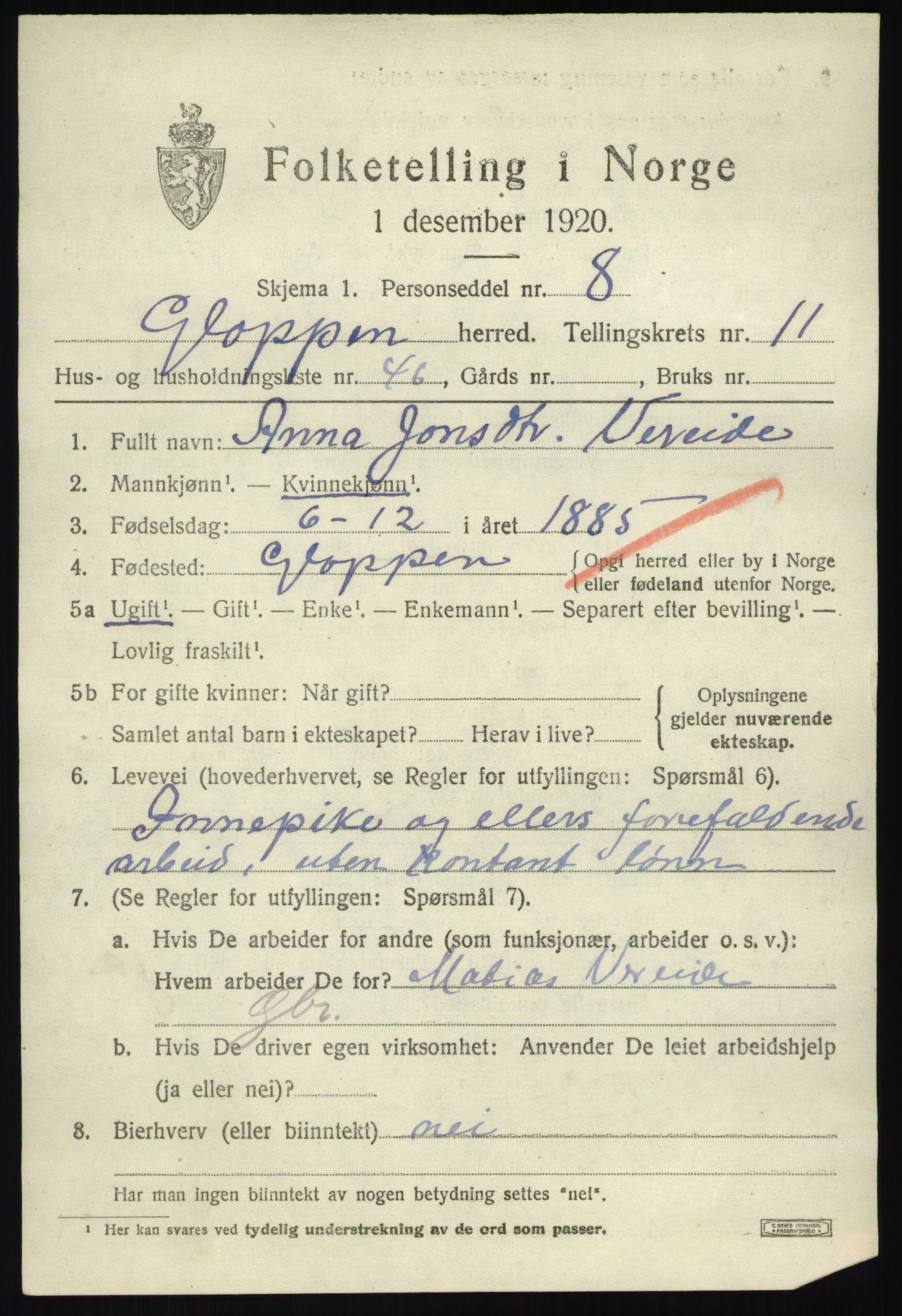 SAB, 1920 census for Gloppen, 1920, p. 6064