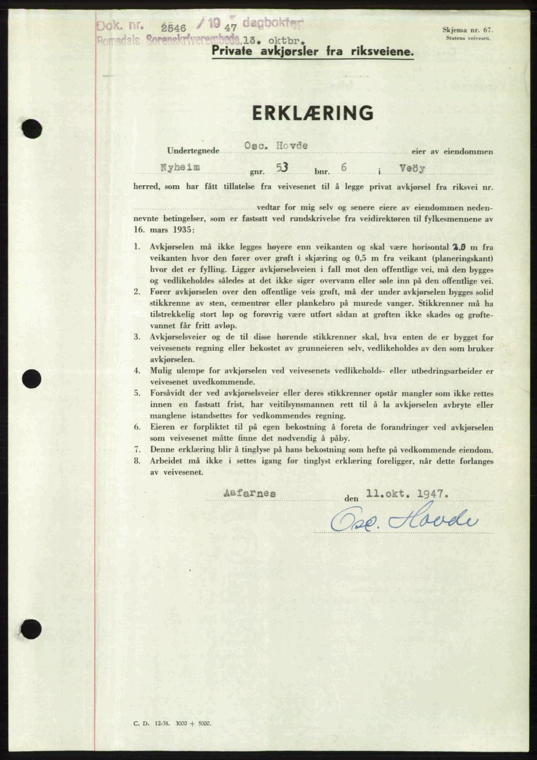 Romsdal sorenskriveri, AV/SAT-A-4149/1/2/2C: Mortgage book no. A24, 1947-1947, Diary no: : 2546/1947
