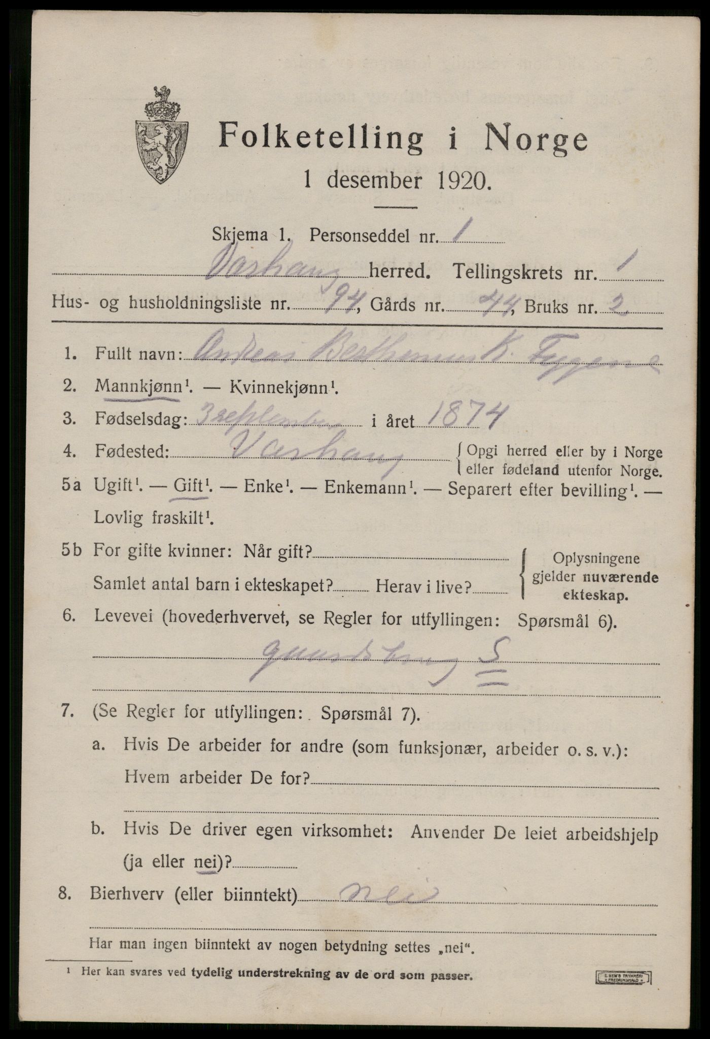 SAST, 1920 census for Varhaug, 1920, p. 1977