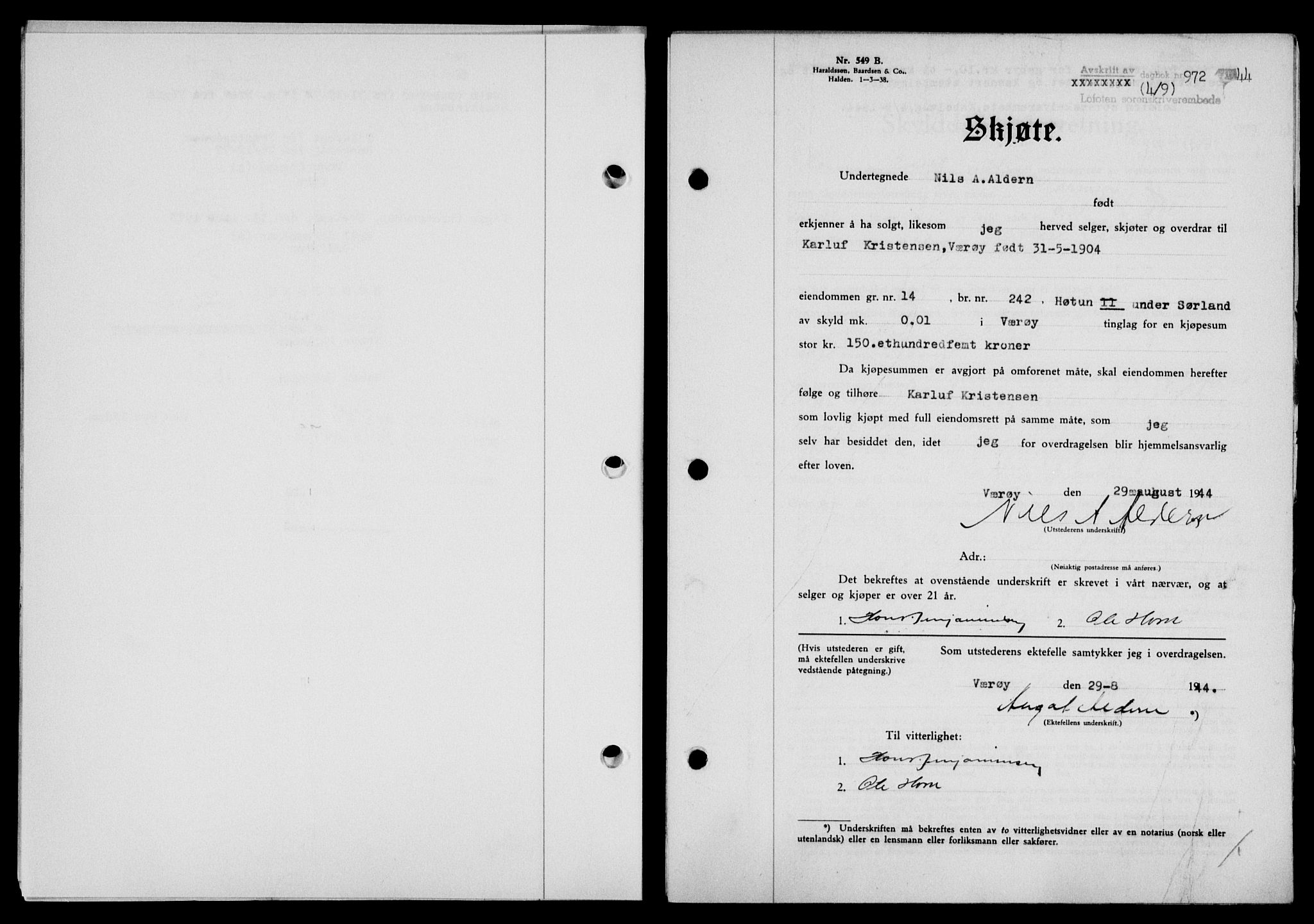 Lofoten sorenskriveri, SAT/A-0017/1/2/2C/L0012a: Mortgage book no. 12a, 1943-1944, Diary no: : 972/1944