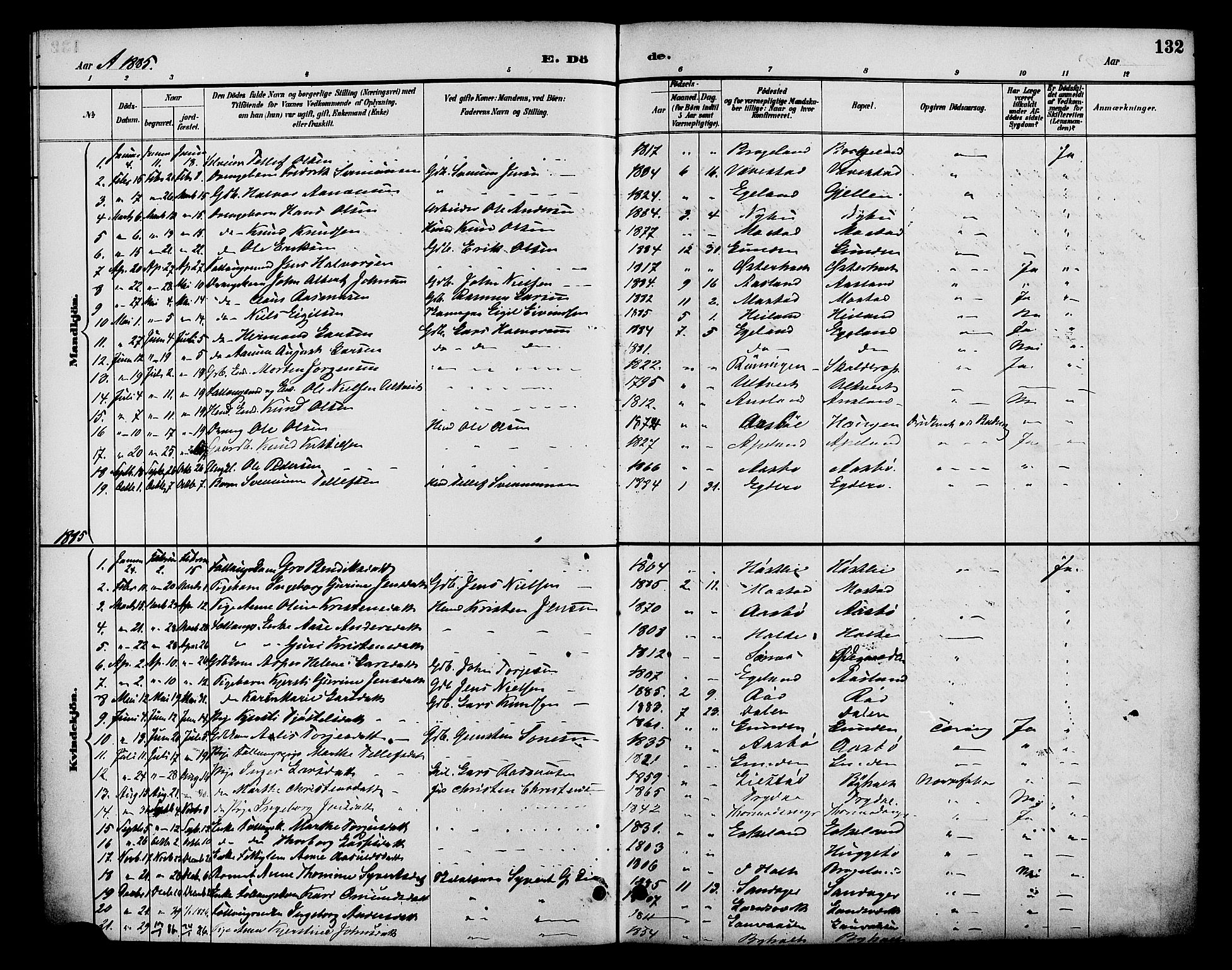 Gjerstad sokneprestkontor, SAK/1111-0014/F/Fa/Faa/L0009: Parish register (official) no. A 9, 1885-1890, p. 132