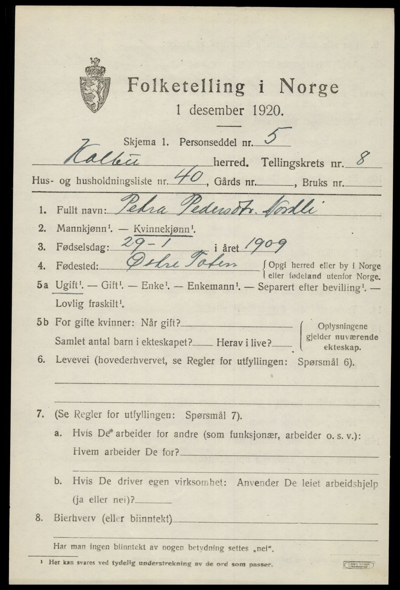 SAH, 1920 census for Kolbu, 1920, p. 5942